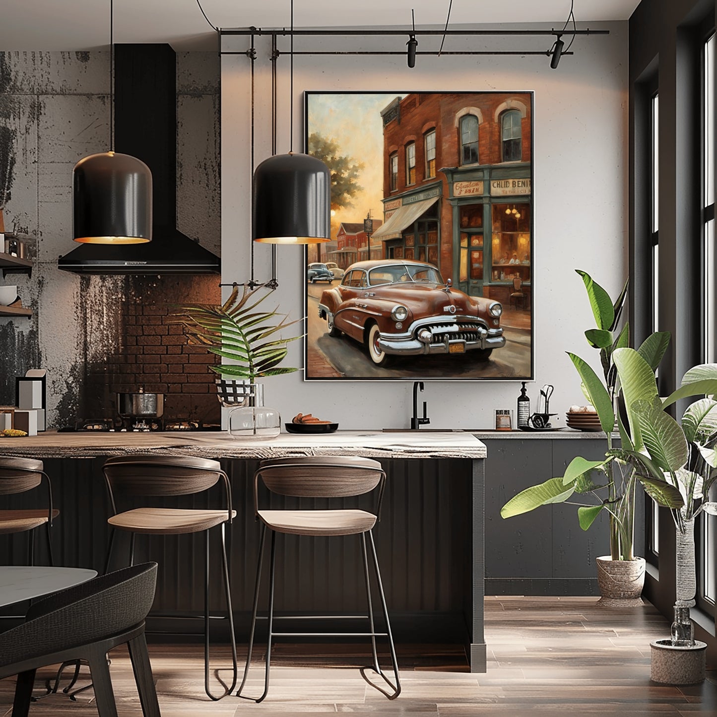 1950s retro car wall art displayed in modern kitchen with black pendant lights and bar stools