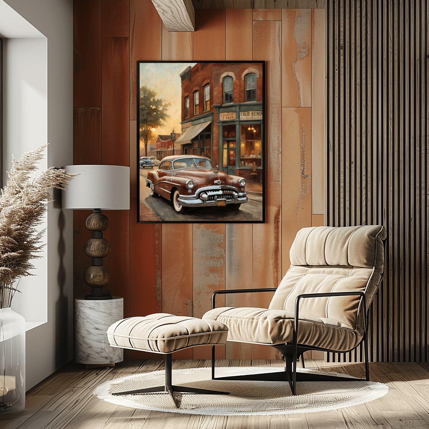 Living room with beige lounge chair and 1950s retro car wall art by AquilVision on wooden paneled wall