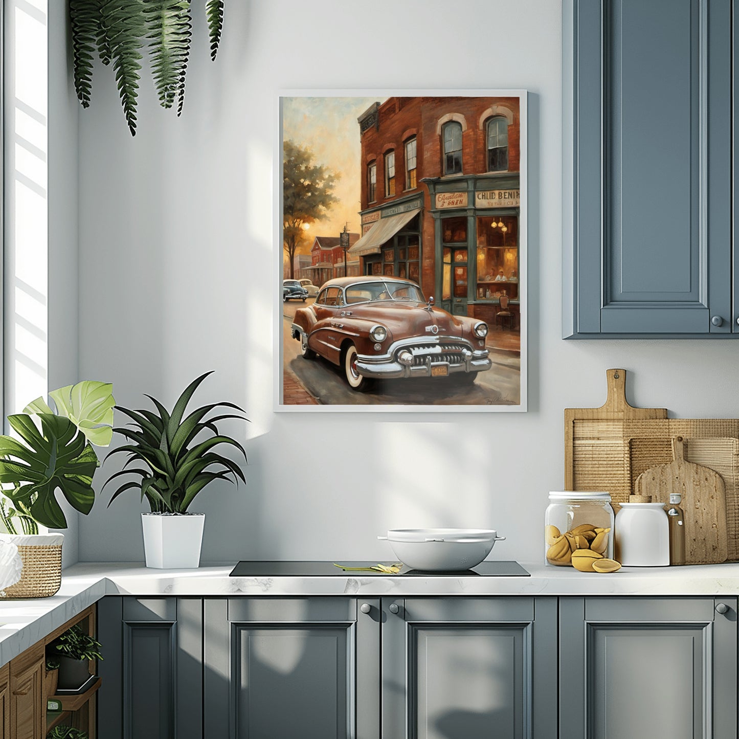 1950s retro car wall art hanging in modern kitchen with gray cabinets and green plants