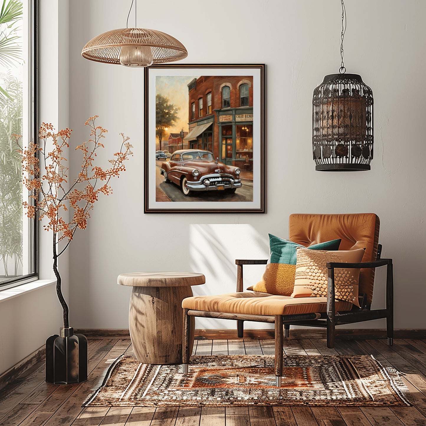 1950s retro car wall art framed on living room wall with orange chair and wooden decor