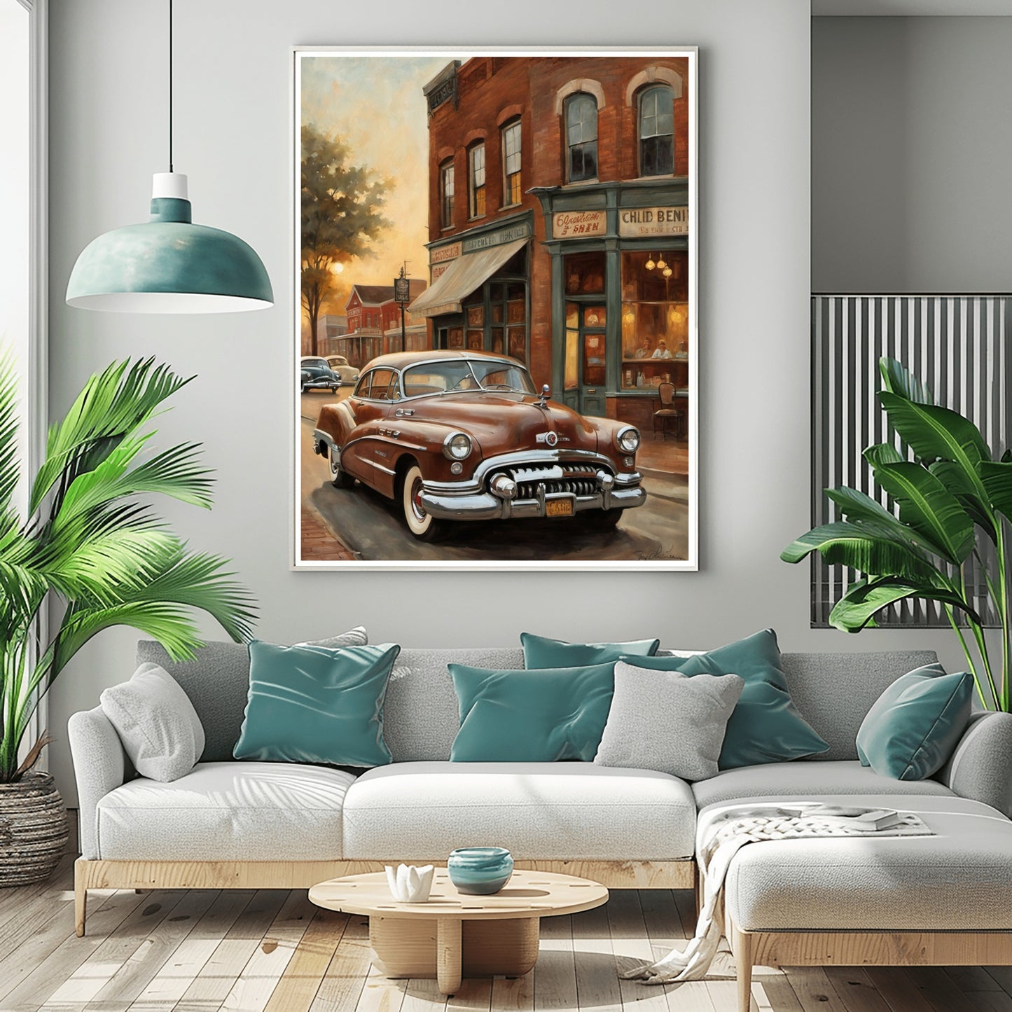 1950s retro car wall art featuring a vintage car parked on a street with historic buildings in living room