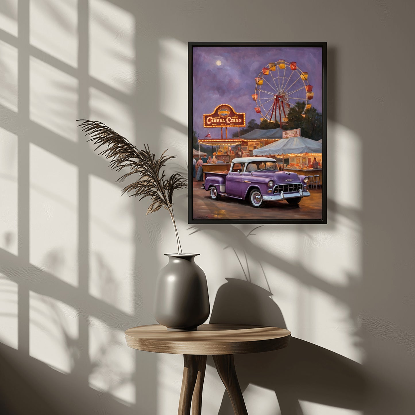 1950s retro truck wall art featuring a purple vintage truck at a carnival with a ferris wheel at dusk