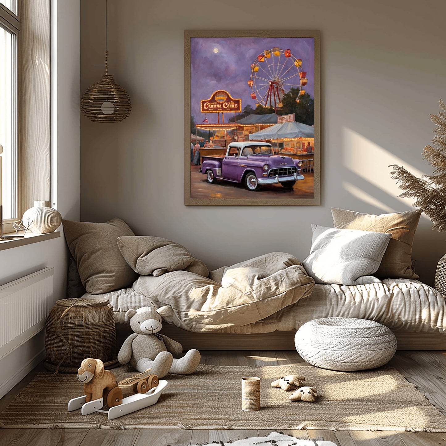 1950s retro truck wall art featuring a purple vintage truck at a carnival with a ferris wheel by AquilVision