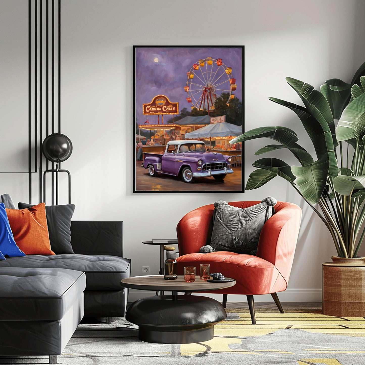1950s retro truck wall art featuring a purple vintage truck at a carnival with a Ferris wheel