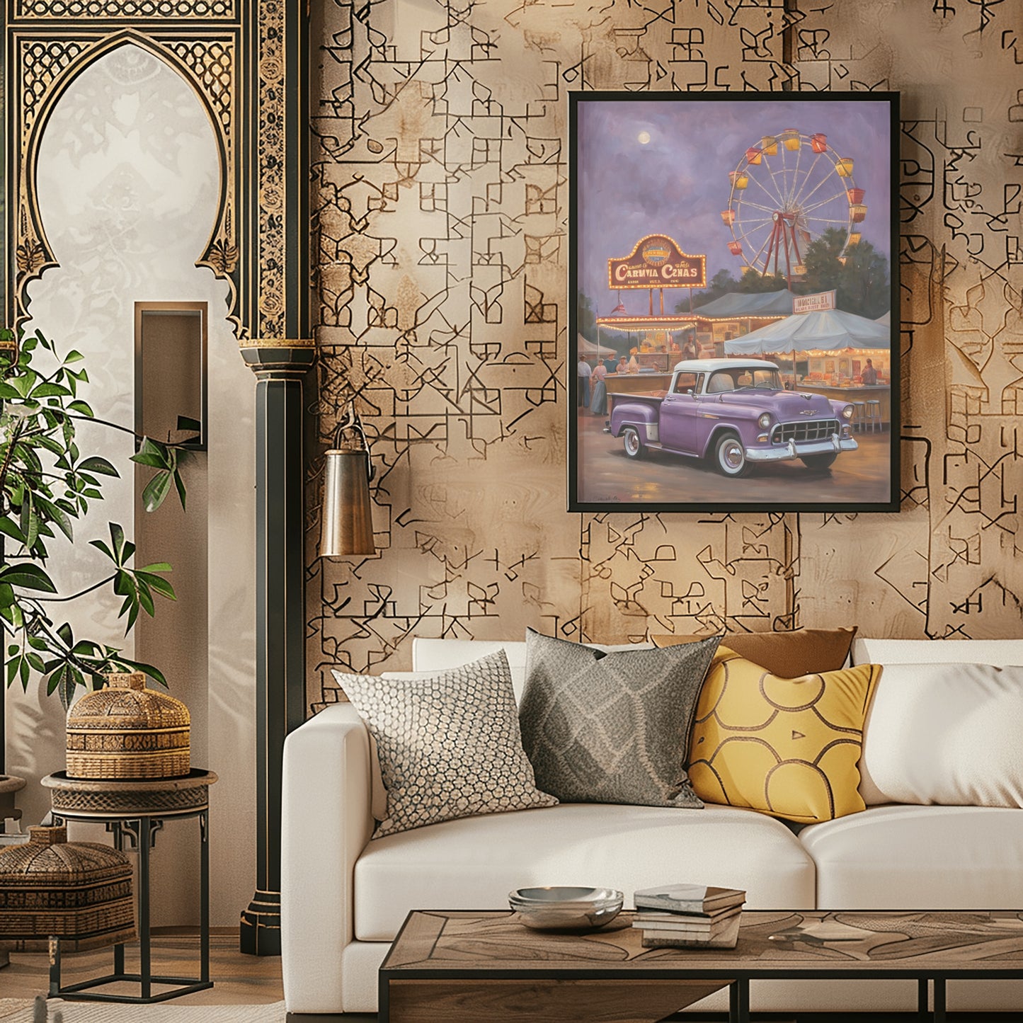 1950s retro truck wall art featuring a vintage purple truck at a carnival, displayed above a modern white sofa