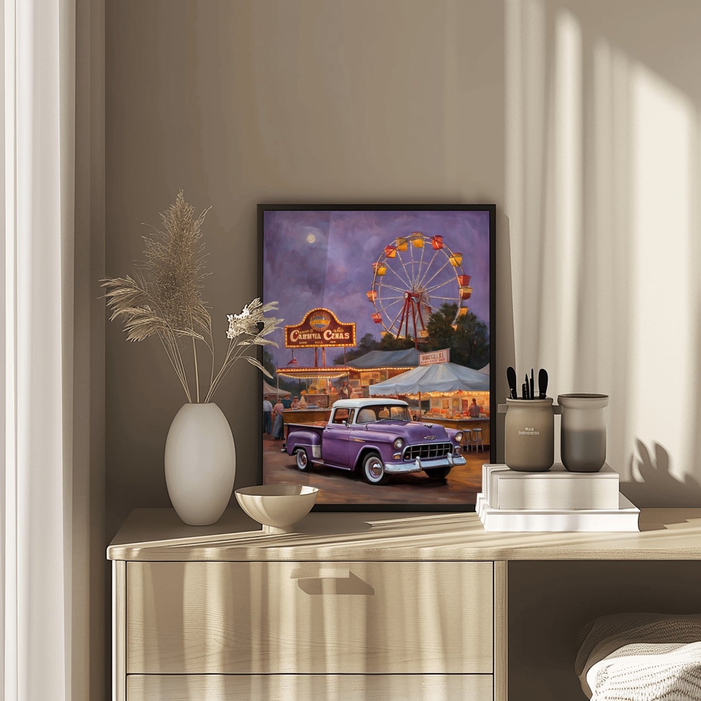 1950s retro truck wall art featuring a purple vintage truck at a nighttime carnival scene