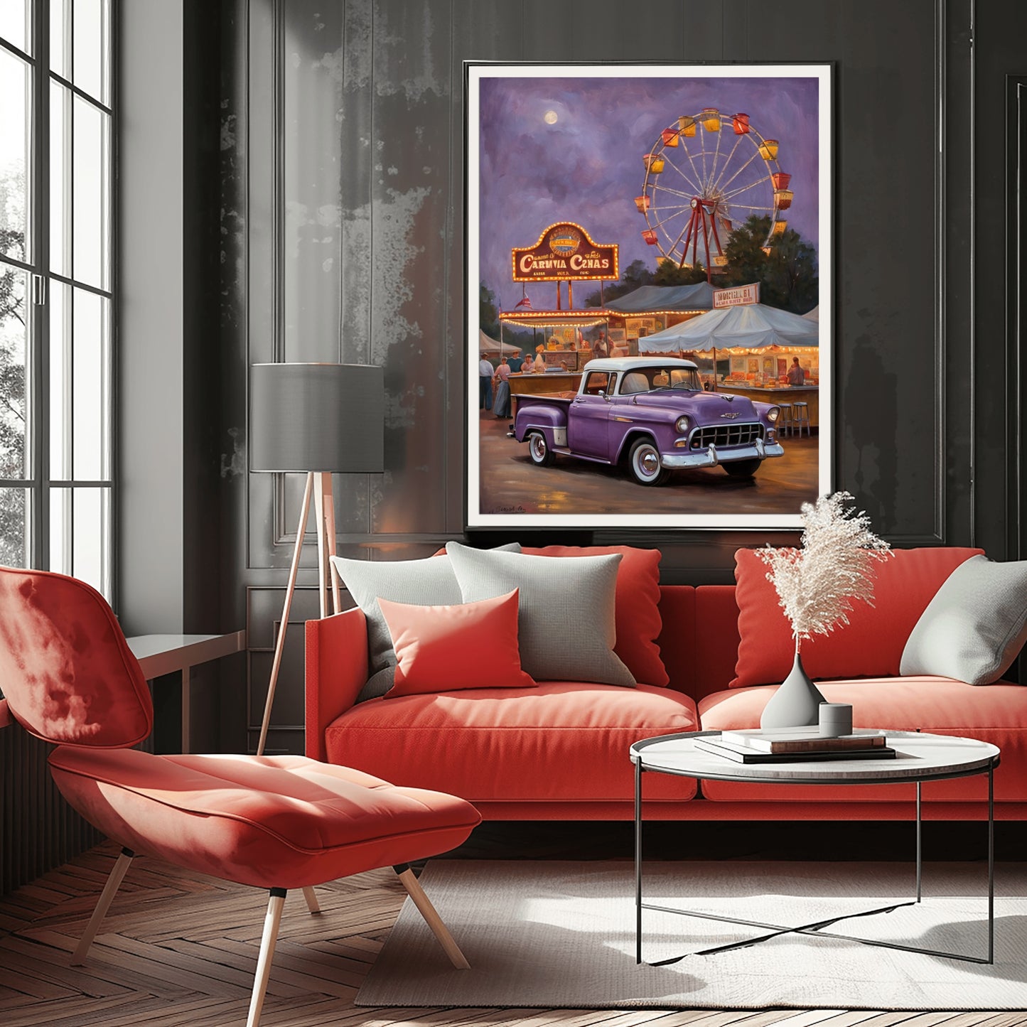 1950s retro truck wall art featuring a classic purple vintage truck at a carnival with a ferris wheel