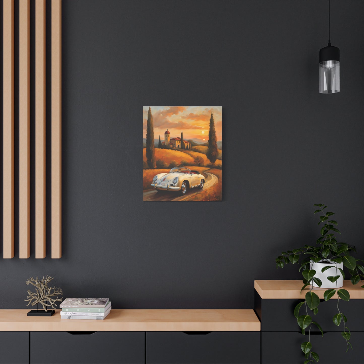 Stretched Canvas Print, Vintage Car Art, Home Decor, Wall Decor, Gift for Car Lovers, Sunset Scene, Art for Living Room