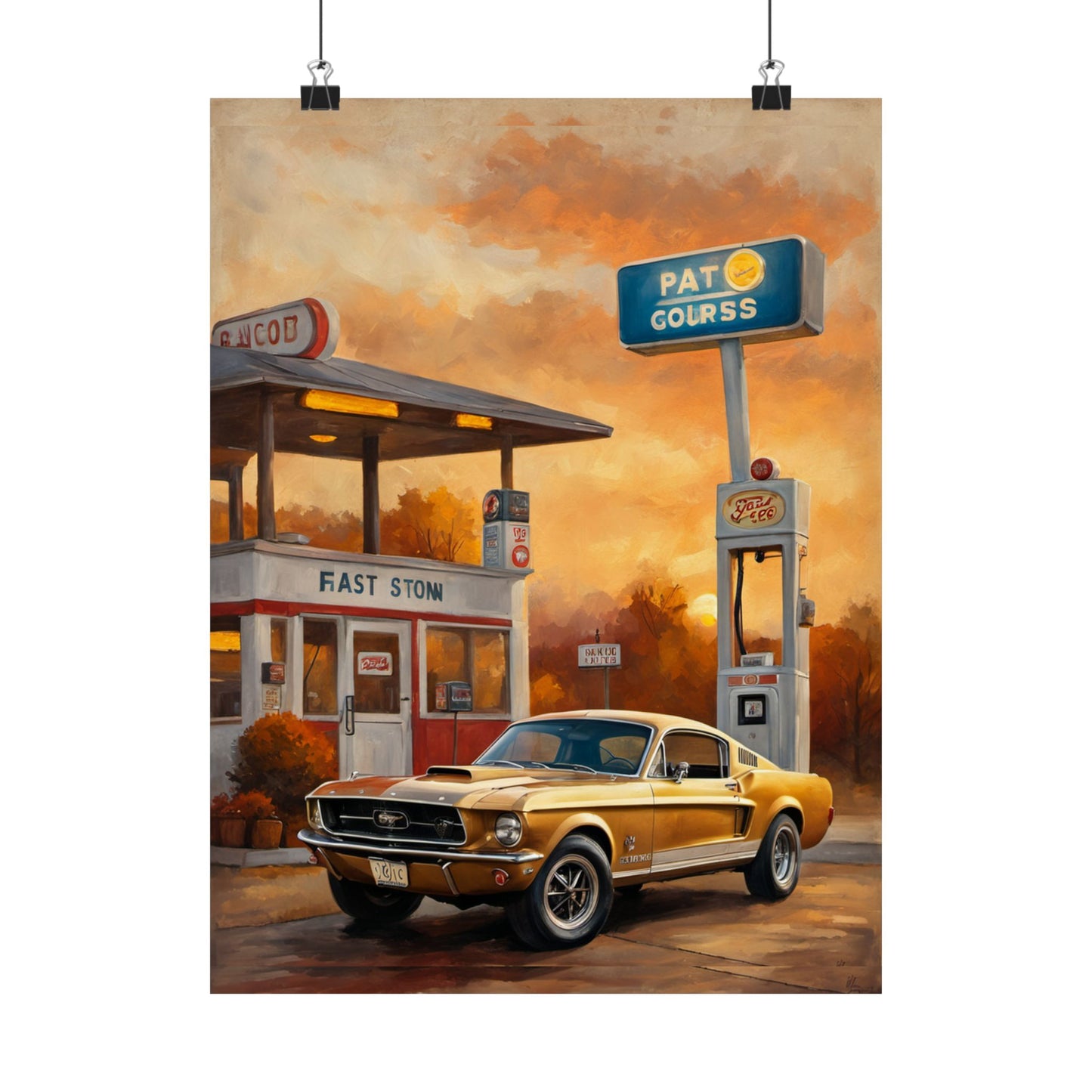 Vintage Gas Station Muscle Car Art Print – 18x24 in Poster