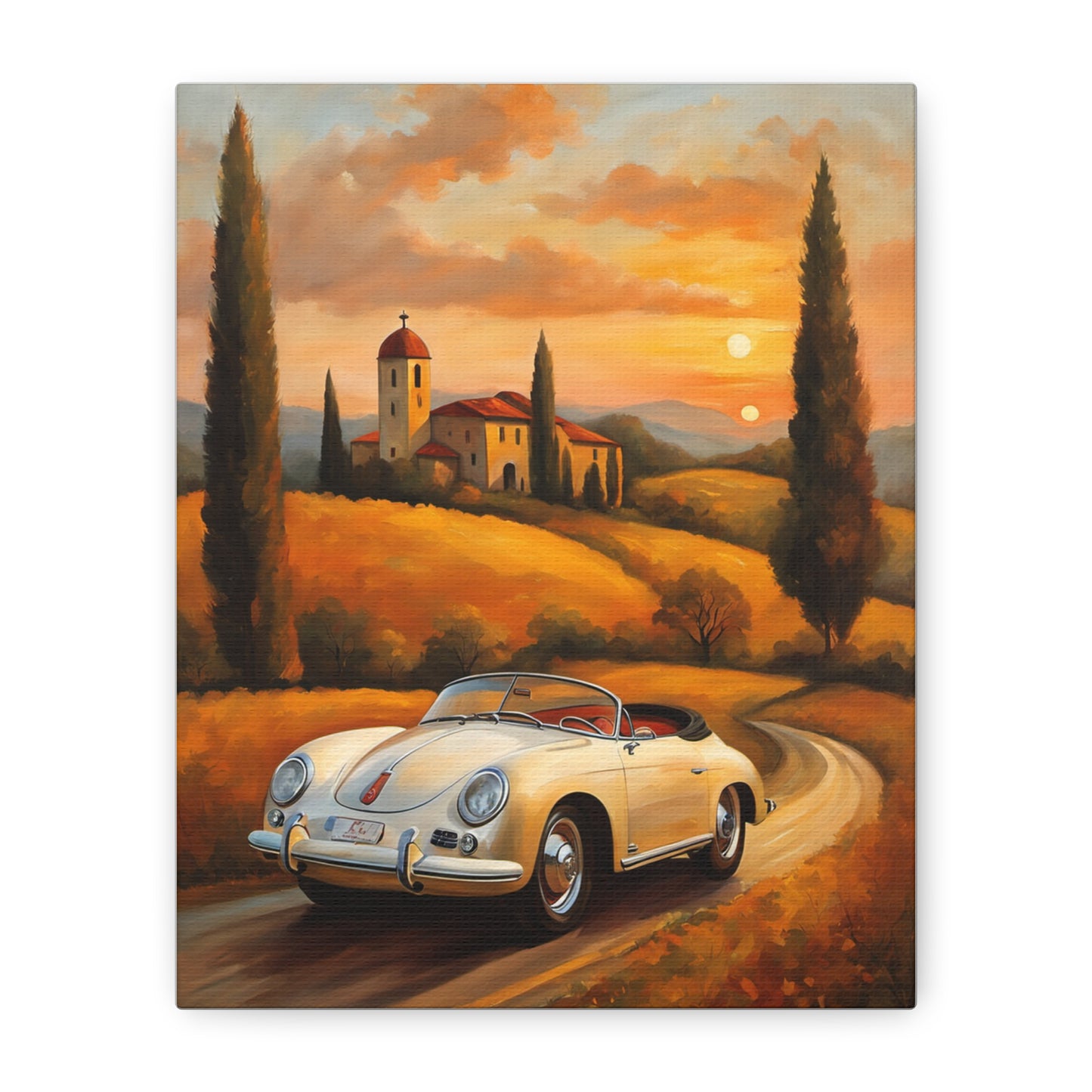 Stretched Canvas Print, Vintage Car Art, Home Decor, Wall Decor, Gift for Car Lovers, Sunset Scene, Art for Living Room