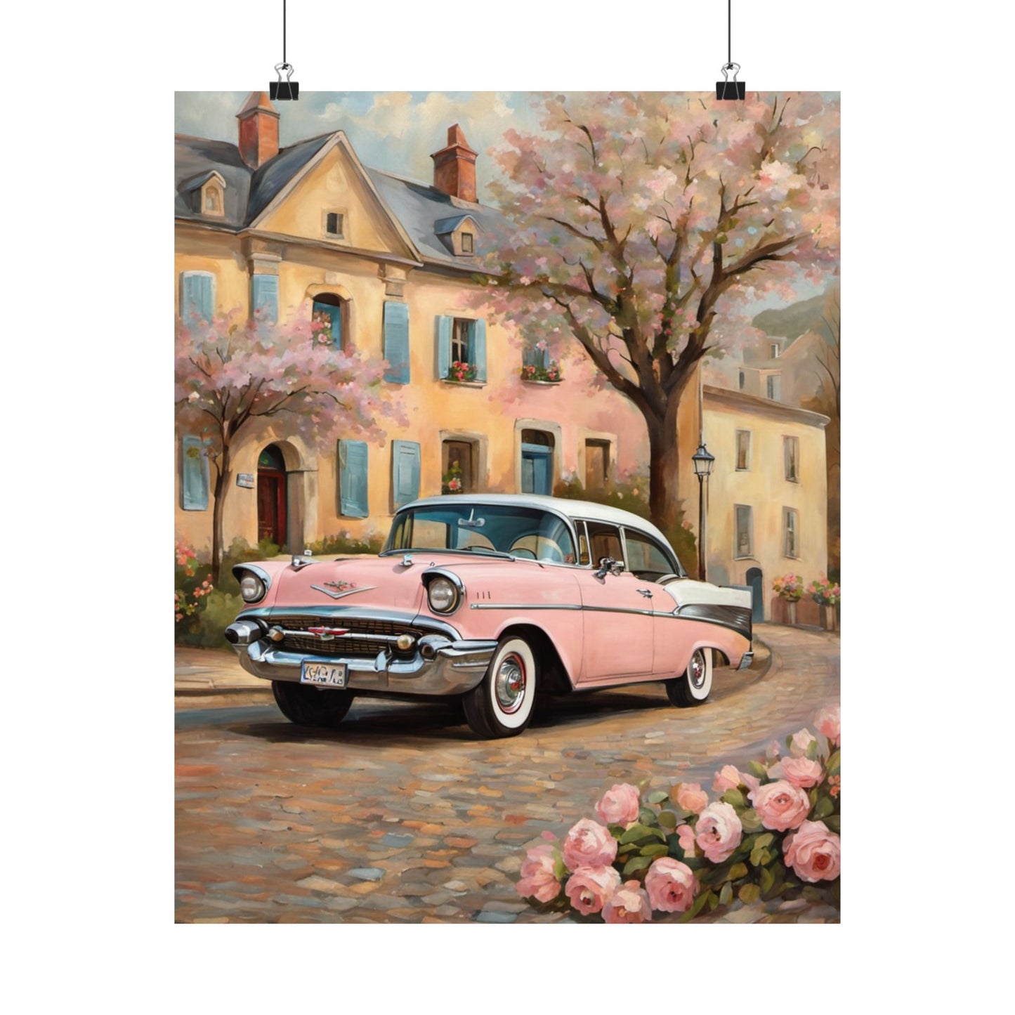 Vintage Car Floral Wall Art, Matte Vertical Posters for Home Decor, Retro Artwork for Living Room, Gift for Car Lovers, Nostalgic Decor