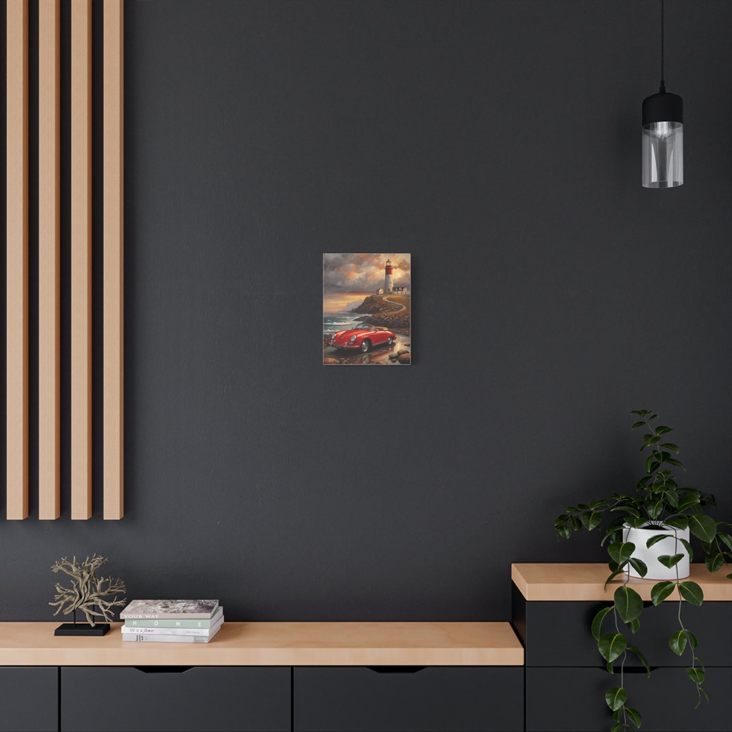 Scenic Canvas Wall Art, Vintage Car, Lighthouse Decor, Nautical Home Design, Coastal Art, Gift for Car Lovers