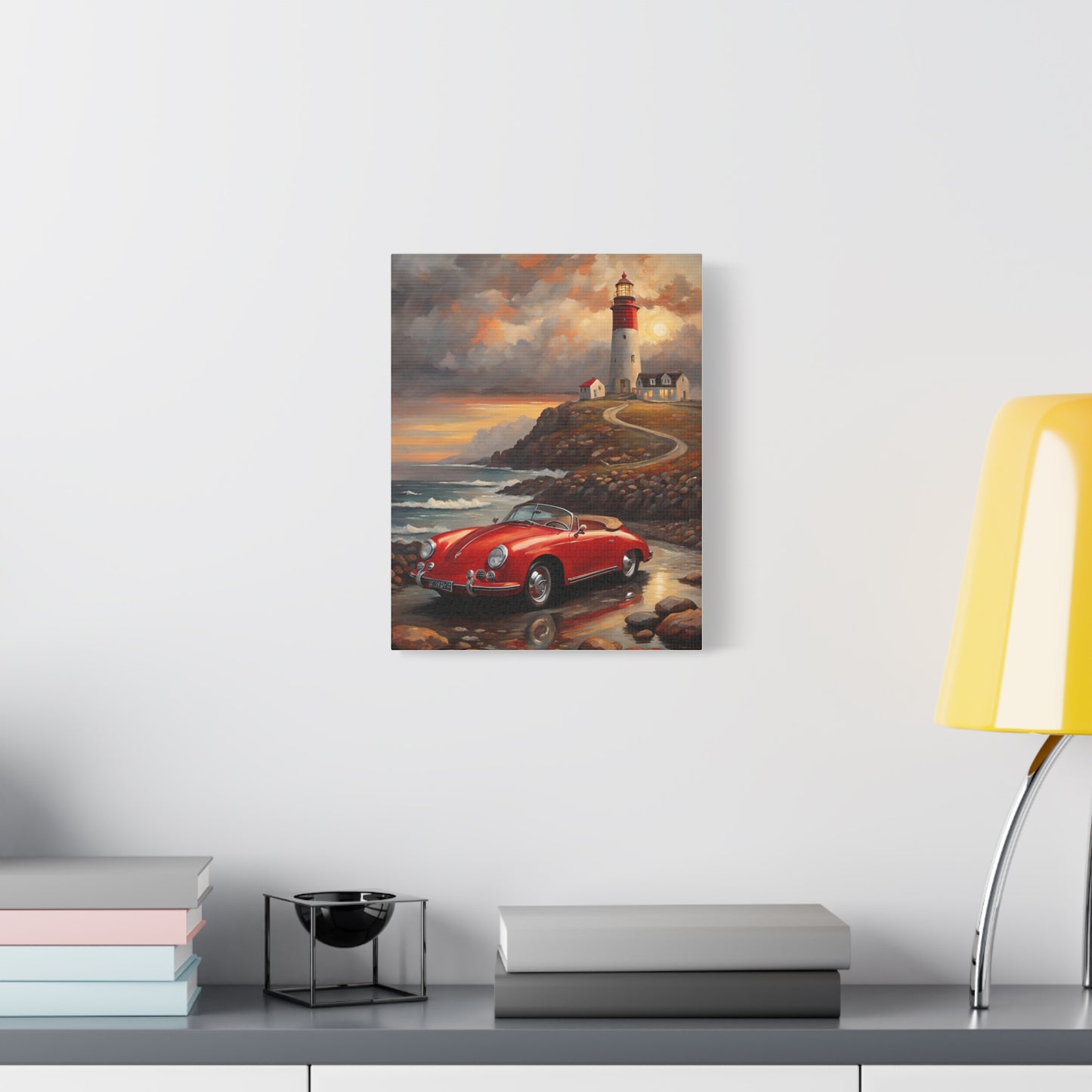 Scenic Canvas Wall Art, Vintage Car, Lighthouse Decor, Nautical Home Design, Coastal Art, Gift for Car Lovers