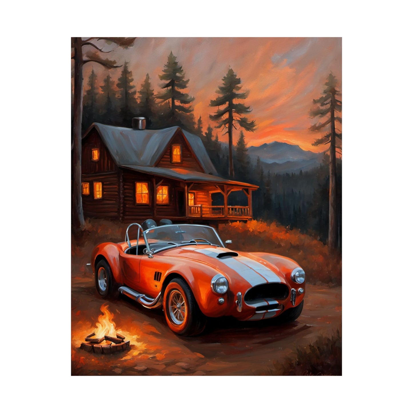 Cozy Mountain Car Poster, Auto Lovers Wall Art, Cabin Decor, Vintage Car Print, Rustic Home Decoration Printify