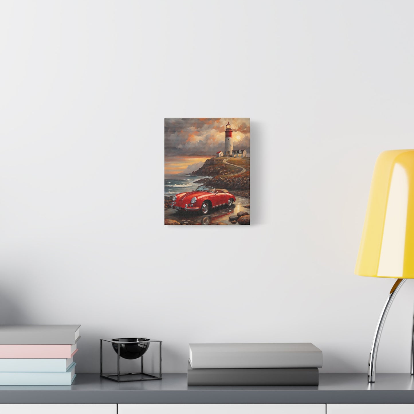 Scenic Canvas Wall Art, Vintage Car, Lighthouse Decor, Nautical Home Design, Coastal Art, Gift for Car Lovers