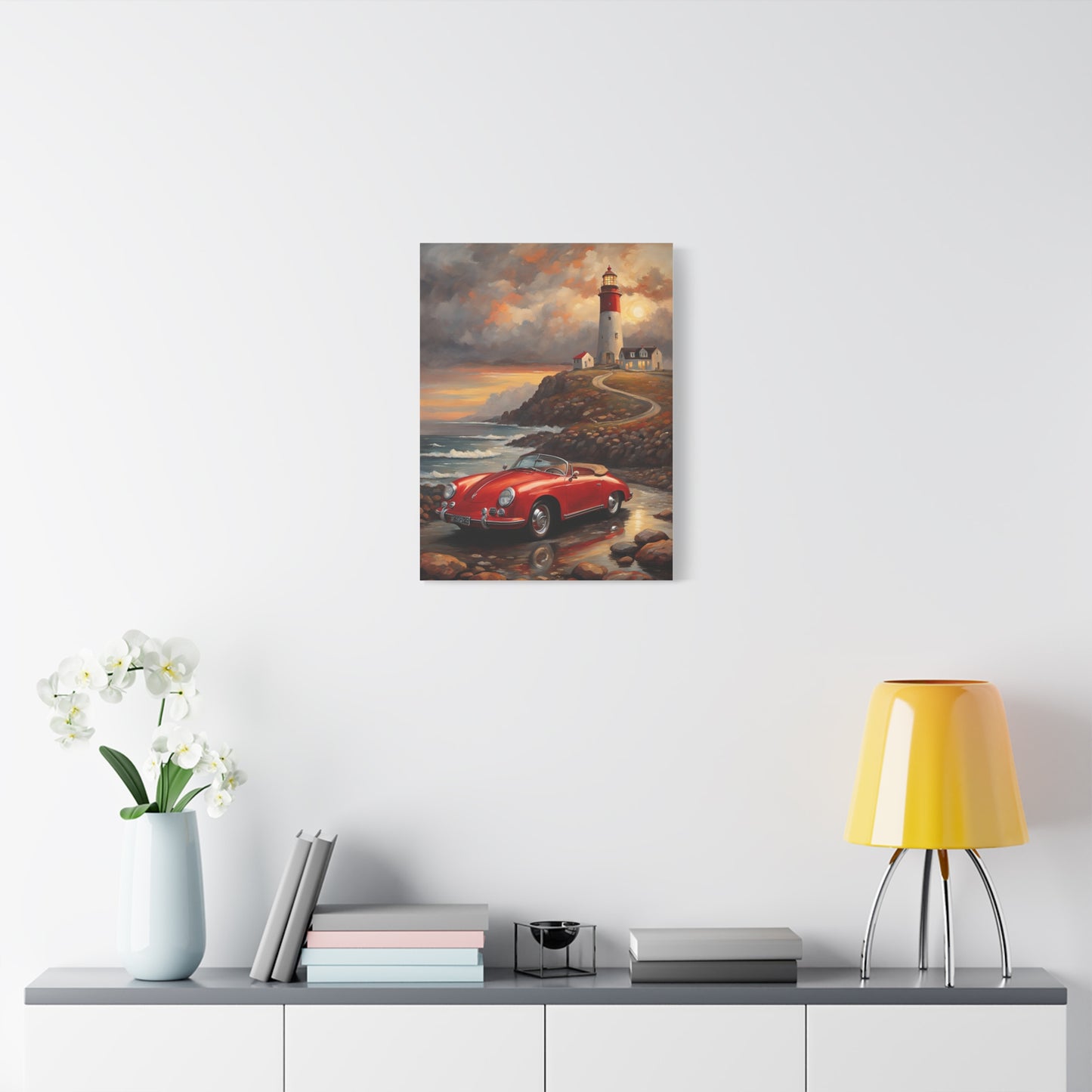 Scenic Canvas Wall Art, Vintage Car, Lighthouse Decor, Nautical Home Design, Coastal Art, Gift for Car Lovers