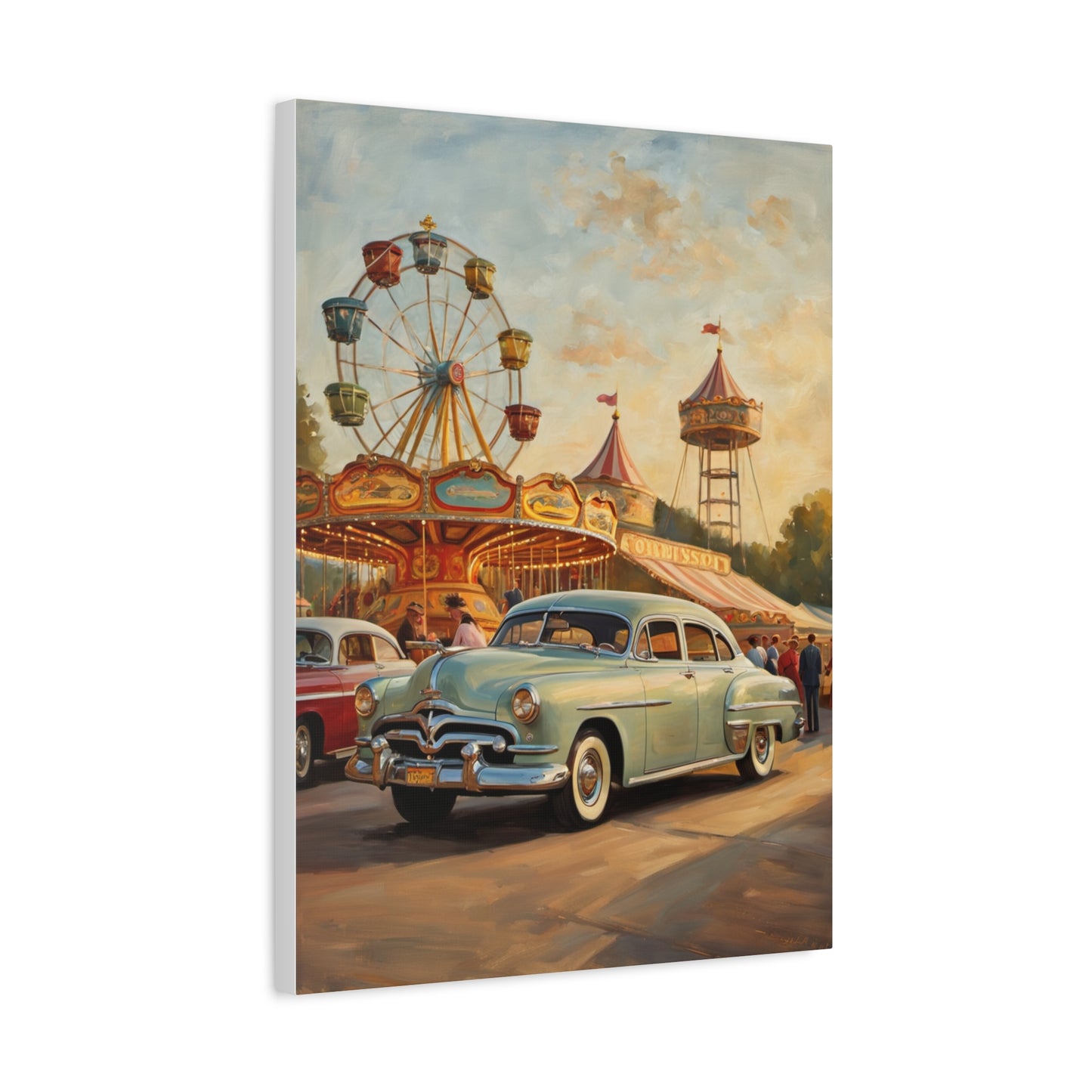 Vintage Carnival Art Canvas Print | Nostalgic Car Decor, 1950s Wall Art, Retro Home Decor, Fairground Artwork, Gift for Car Lovers