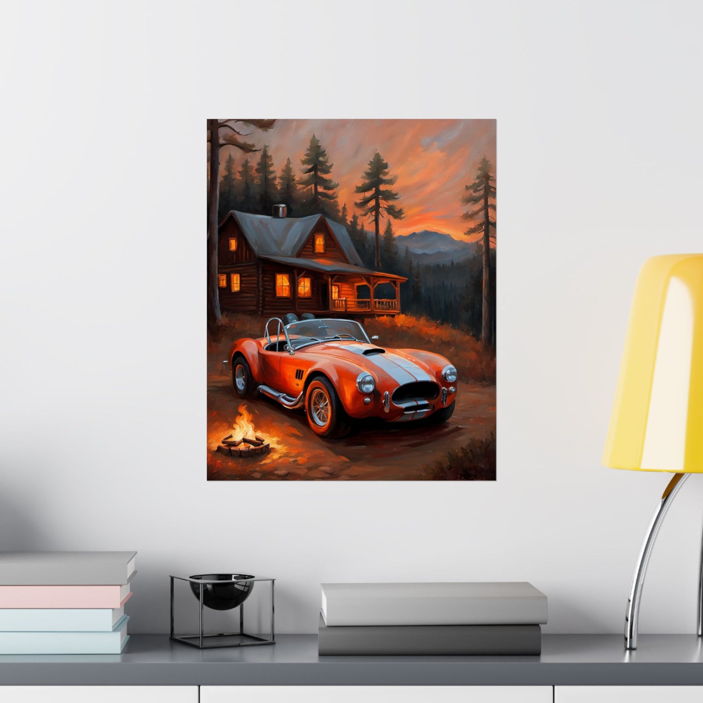 Cozy Mountain Car Poster, Auto Lovers Wall Art, Cabin Decor, Vintage Car Print, Rustic Home Decoration Printify