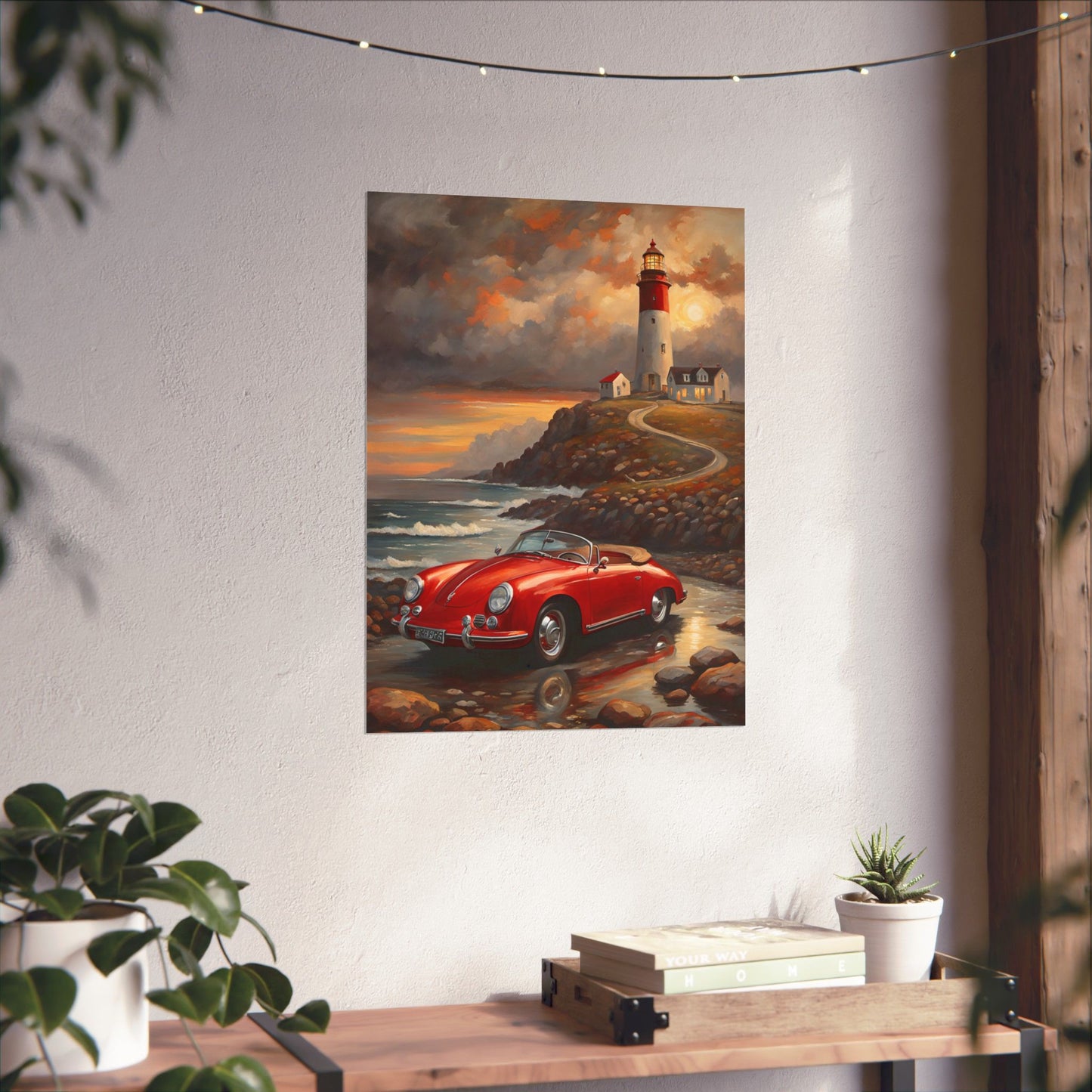 Vintage Car Lighthouse Poster, Coastal Wall Art, Home Decor, Unique Gift for Car Lovers, Nautical Wall Art, Retro Aesthetic