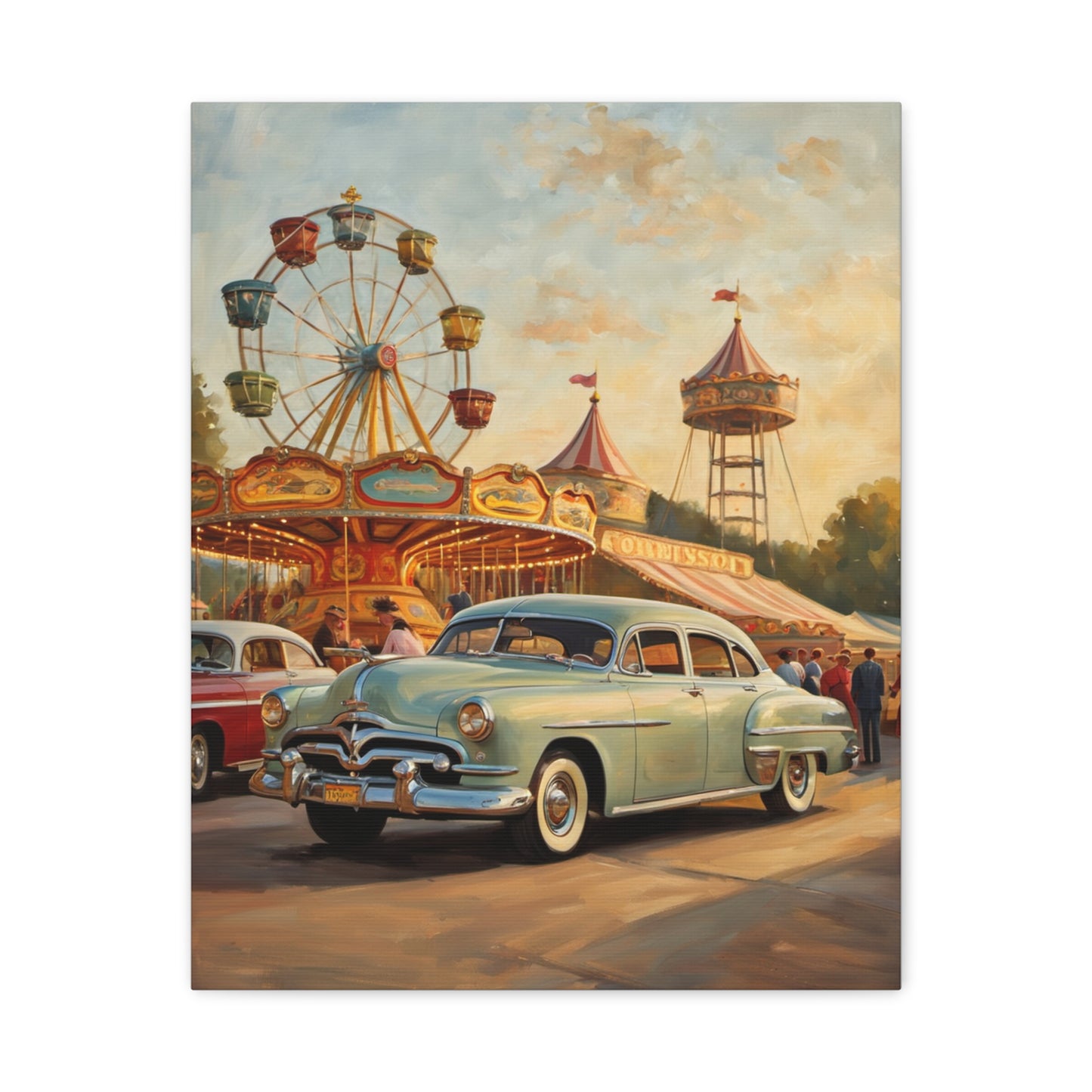 Vintage Carnival Art Canvas Print | Nostalgic Car Decor, 1950s Wall Art, Retro Home Decor, Fairground Artwork, Gift for Car Lovers