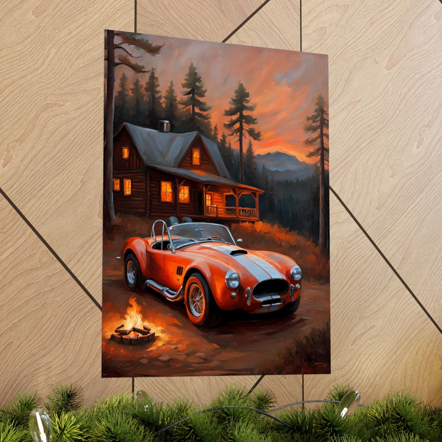 Cozy Mountain Car Poster, Auto Lovers Wall Art, Cabin Decor, Vintage Car Print, Rustic Home Decoration Printify
