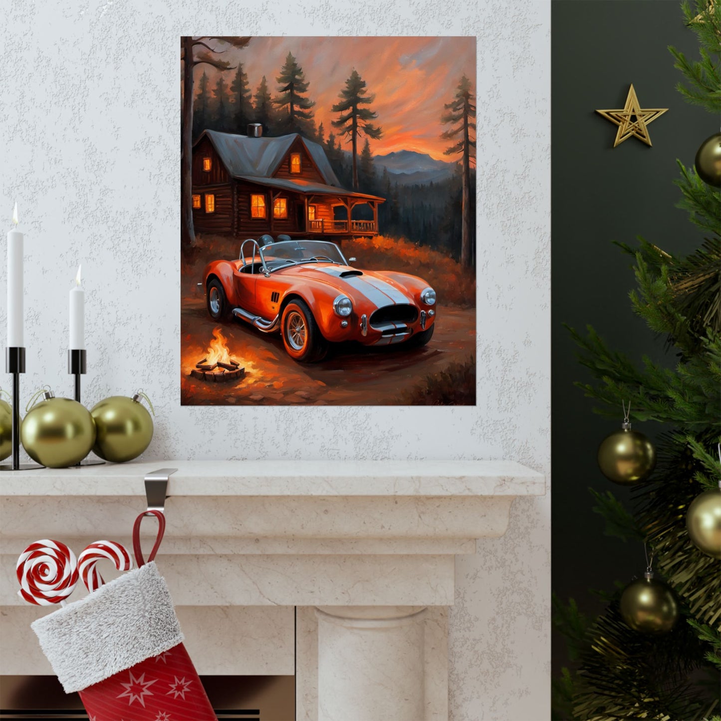 Cozy Mountain Car Poster, Auto Lovers Wall Art, Cabin Decor, Vintage Car Print, Rustic Home Decoration Printify