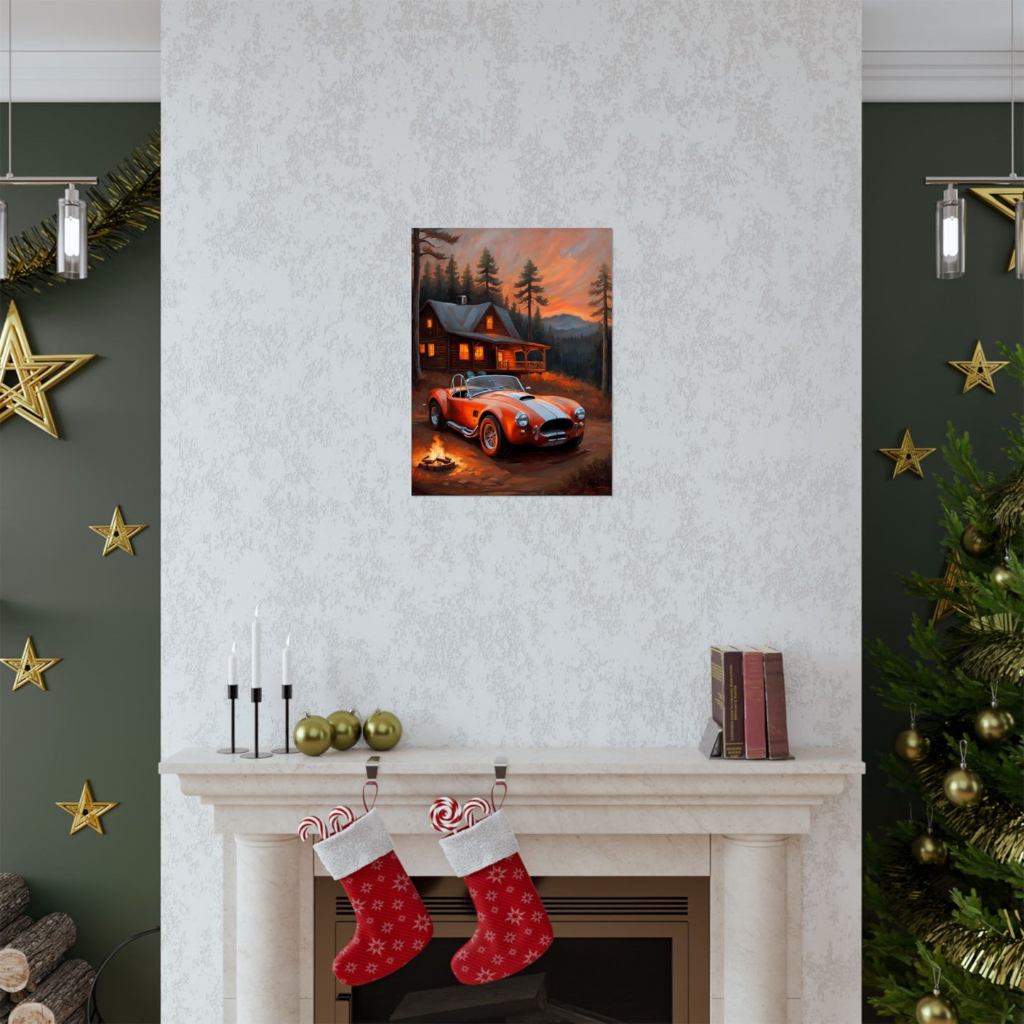 Cozy Mountain Car Poster, Auto Lovers Wall Art, Cabin Decor, Vintage Car Print, Rustic Home Decoration Printify