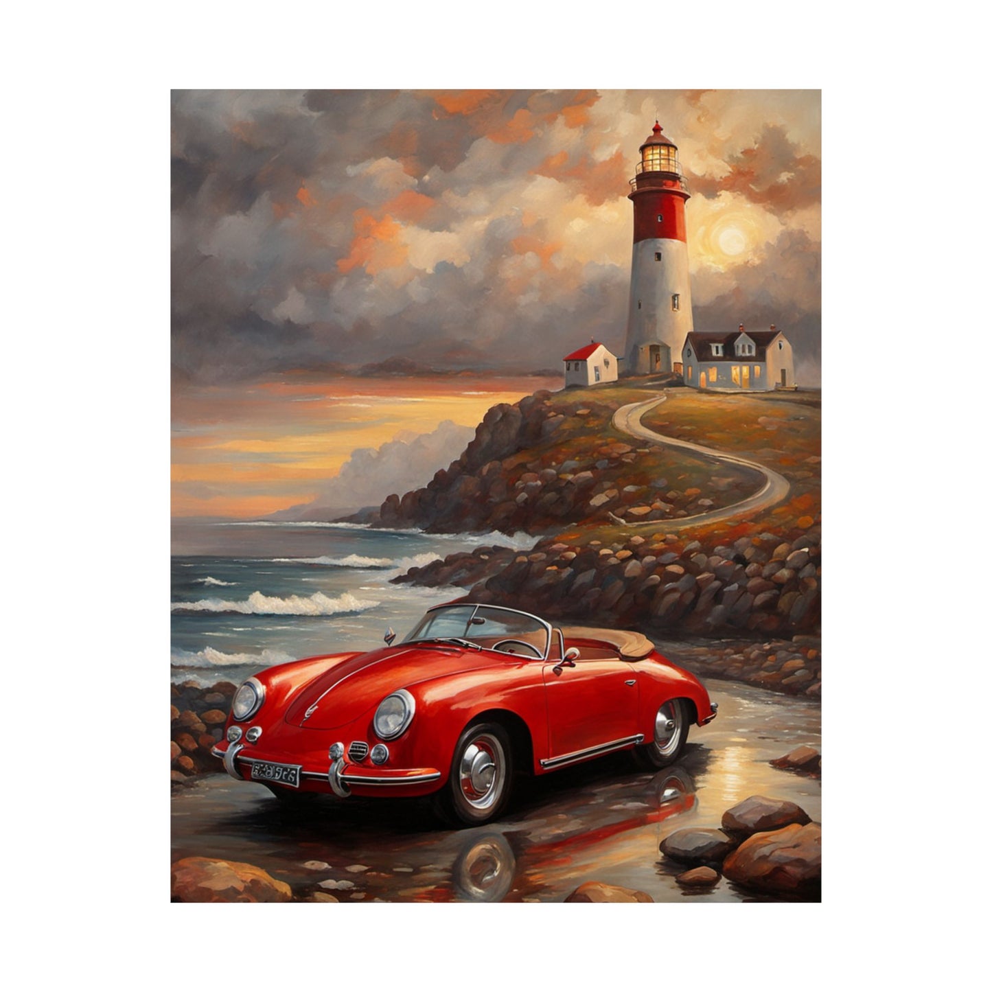 Vintage Car Lighthouse Poster, Coastal Wall Art, Home Decor, Unique Gift for Car Lovers, Nautical Wall Art, Retro Aesthetic