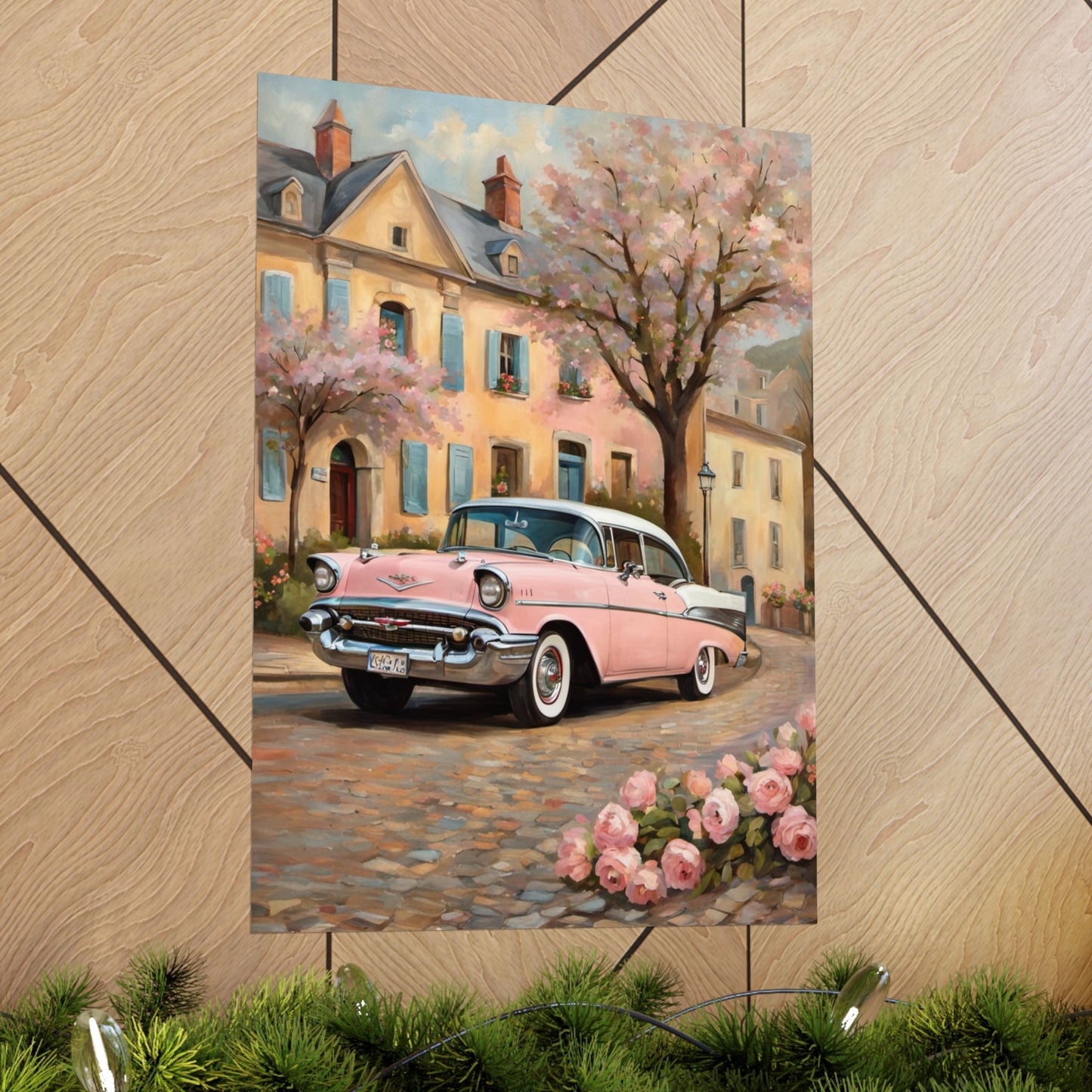 Vintage Car Floral Wall Art, Matte Vertical Posters for Home Decor, Retro Artwork for Living Room, Gift for Car Lovers, Nostalgic Decor