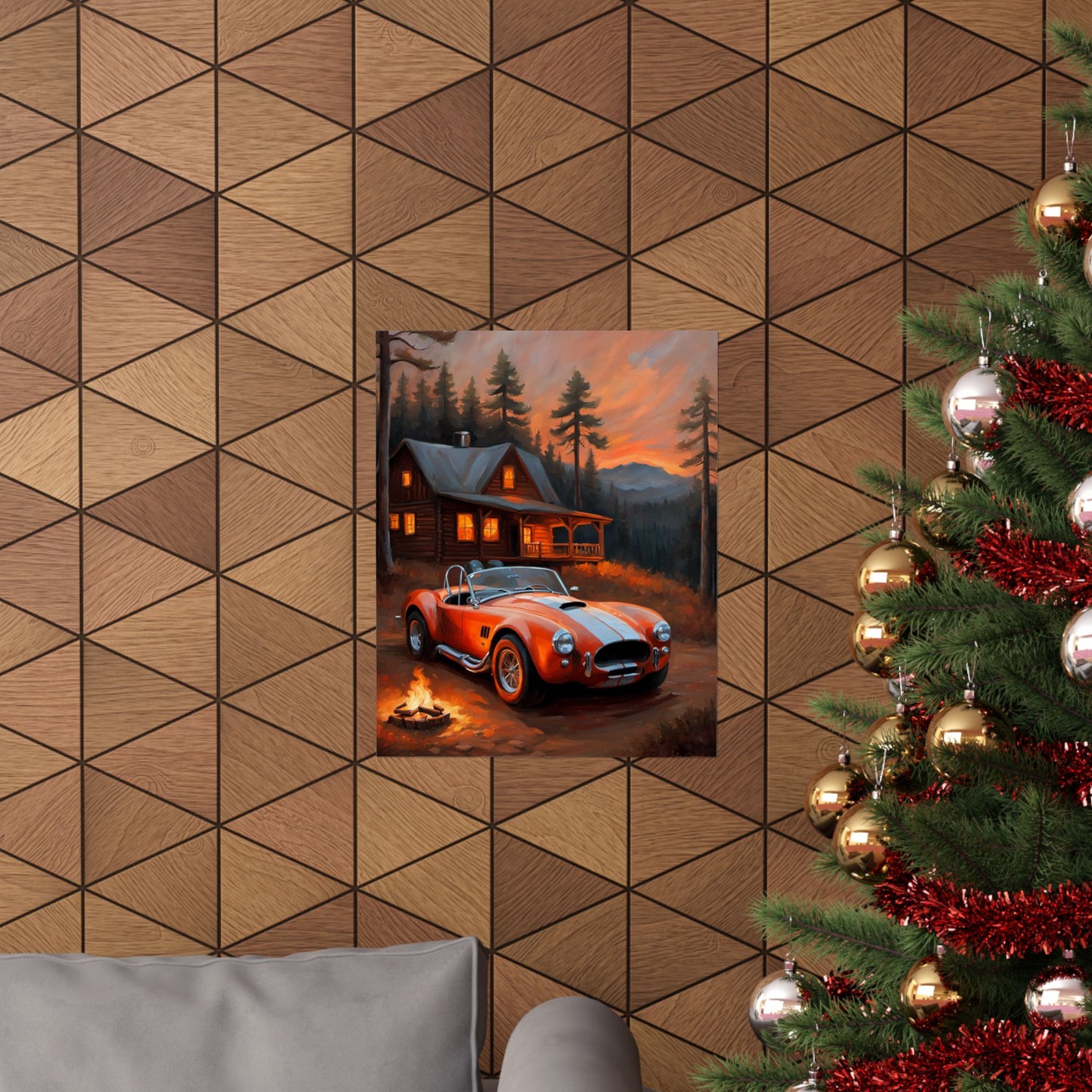 Cozy Mountain Car Poster, Auto Lovers Wall Art, Cabin Decor, Vintage Car Print, Rustic Home Decoration Printify
