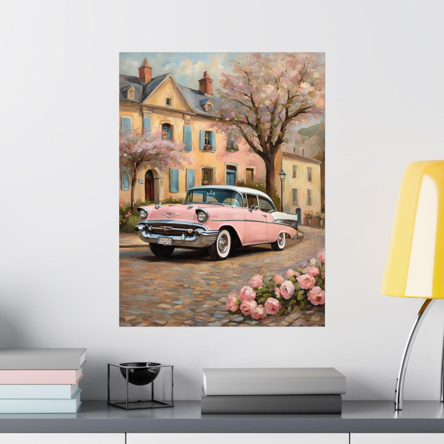 Vintage Car Floral Wall Art, Matte Vertical Posters for Home Decor, Retro Artwork for Living Room, Gift for Car Lovers, Nostalgic Decor