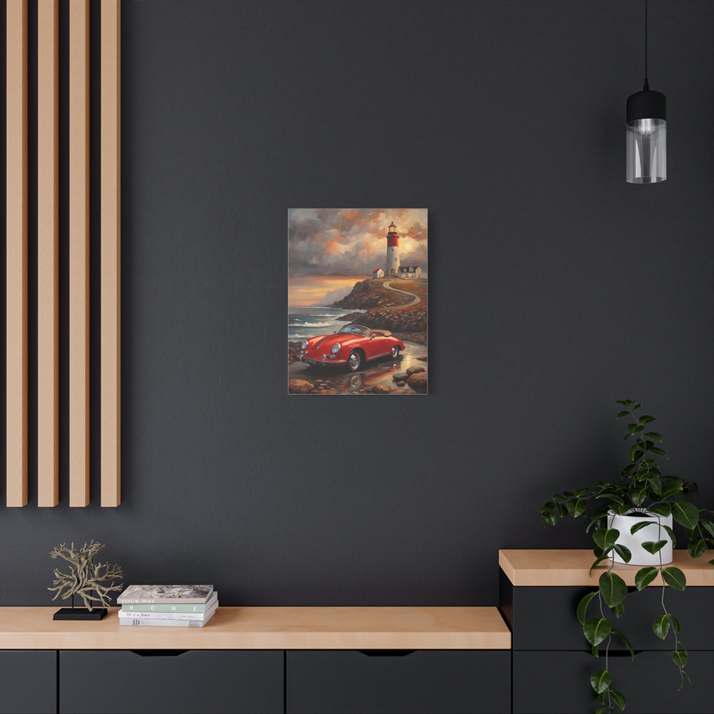 Scenic Canvas Wall Art, Vintage Car, Lighthouse Decor, Nautical Home Design, Coastal Art, Gift for Car Lovers