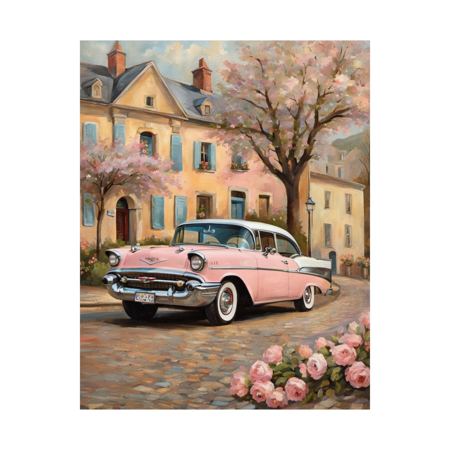 Vintage Car Floral Wall Art, Matte Vertical Posters for Home Decor, Retro Artwork for Living Room, Gift for Car Lovers, Nostalgic Decor