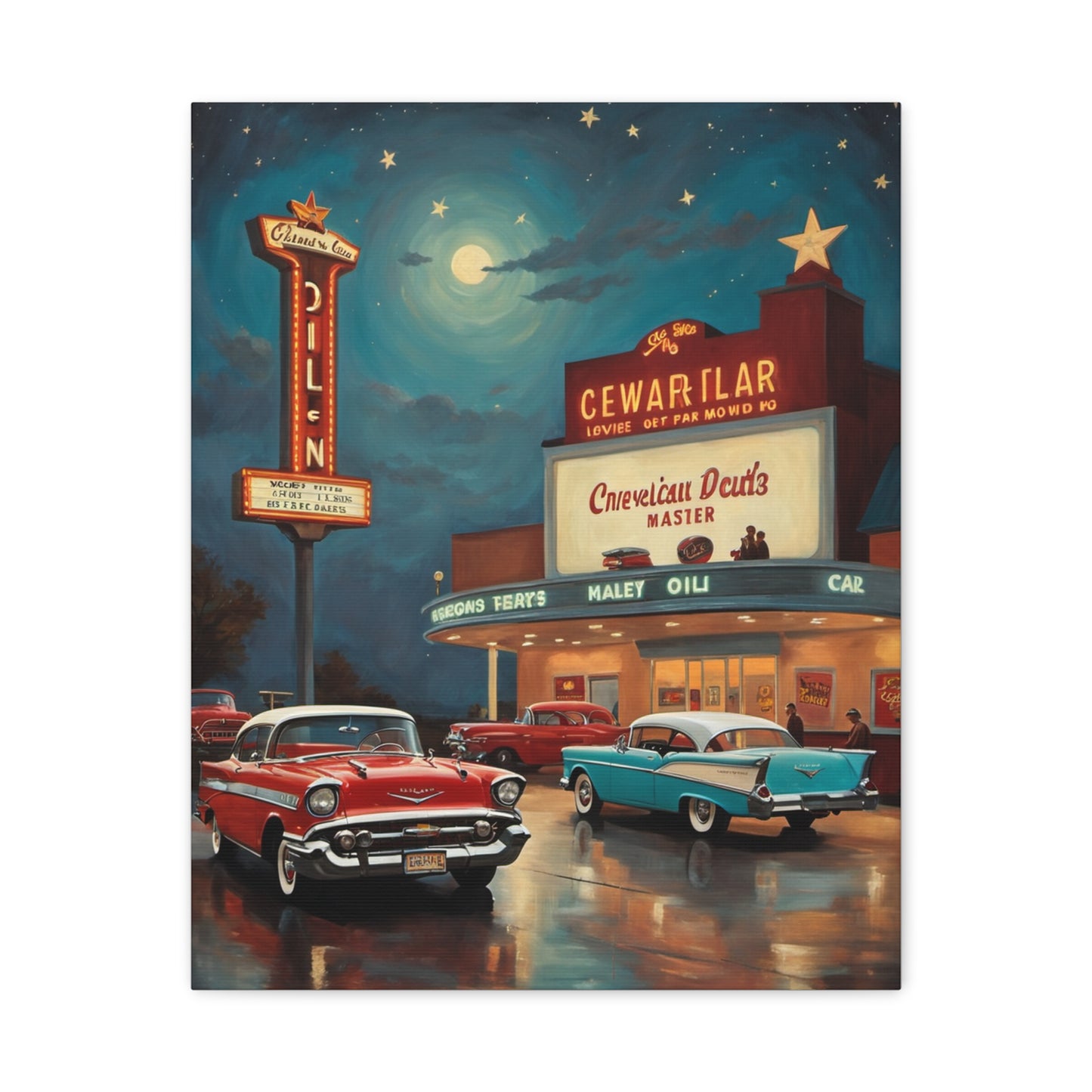 Retro Movie Theater Canvas Print, Vintage Art, Home Decor, Wall Art, Nostalgic Gift, Cinema Decor, Gift for Car Lovers