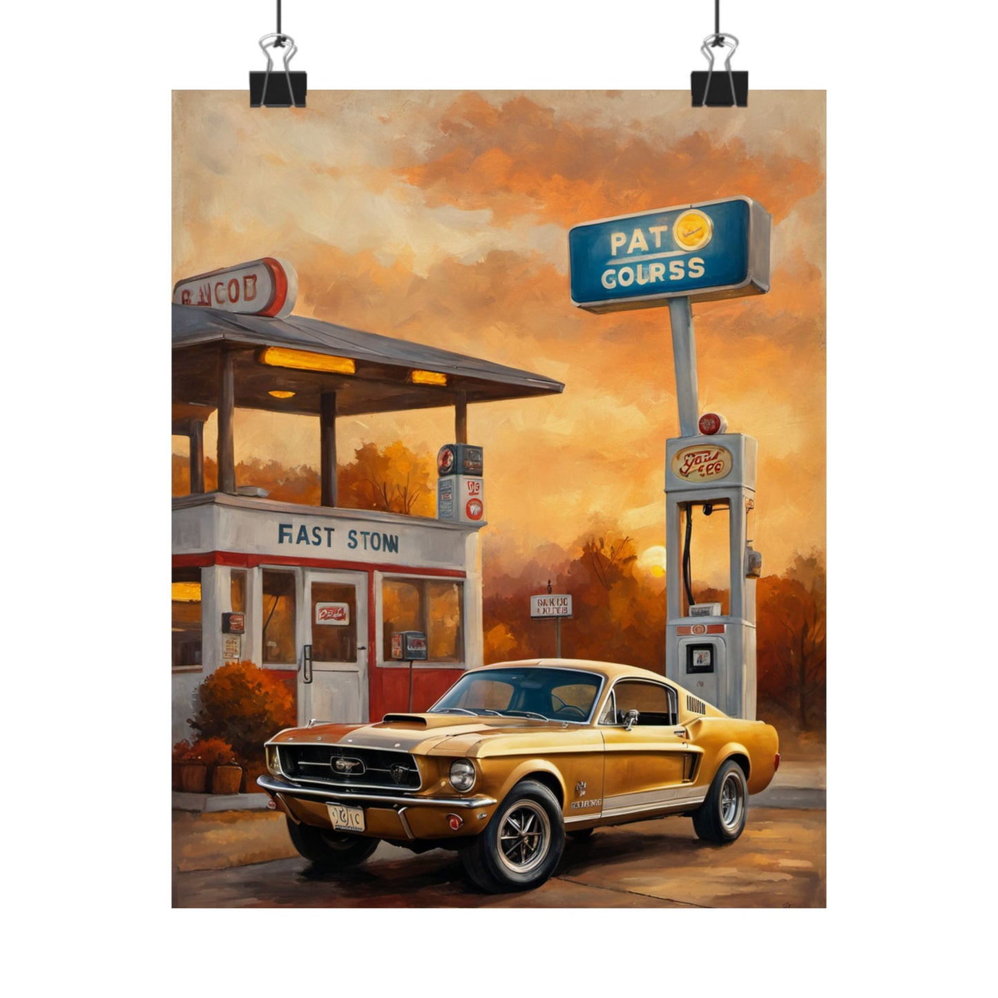 Vintage Gas Station Muscle Car Art Print – 18x24 in Poster