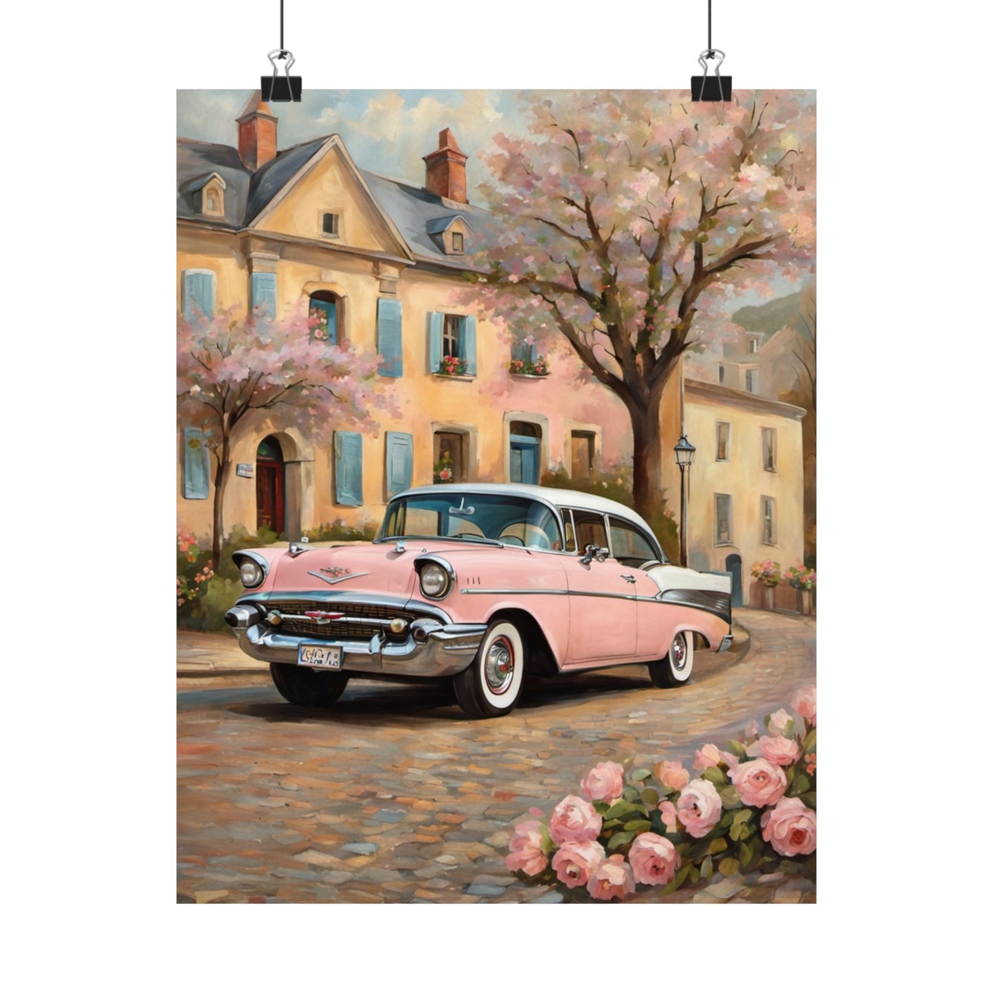 Vintage Car Floral Wall Art, Matte Vertical Posters for Home Decor, Retro Artwork for Living Room, Gift for Car Lovers, Nostalgic Decor
