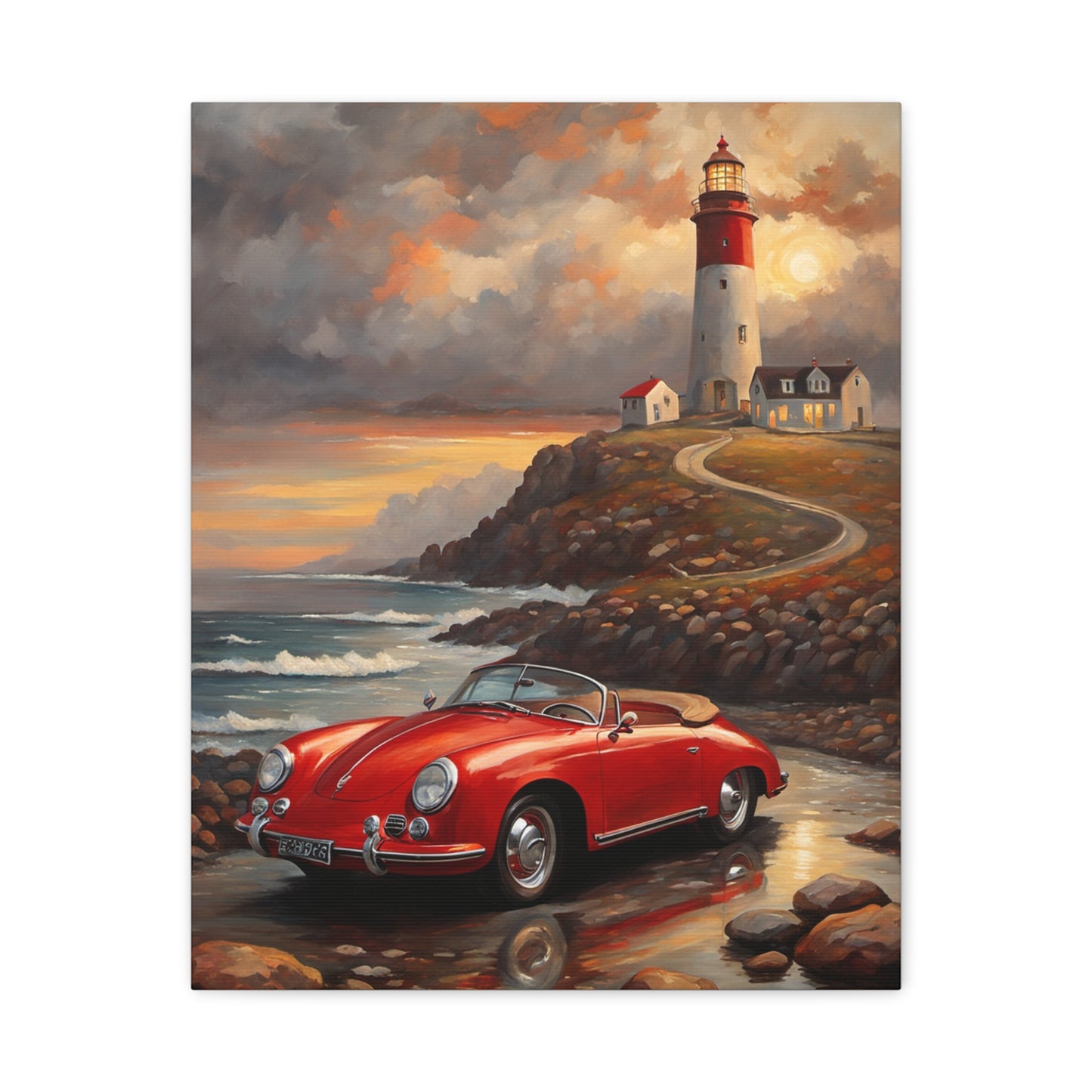 Scenic Canvas Wall Art, Vintage Car, Lighthouse Decor, Nautical Home Design, Coastal Art, Gift for Car Lovers