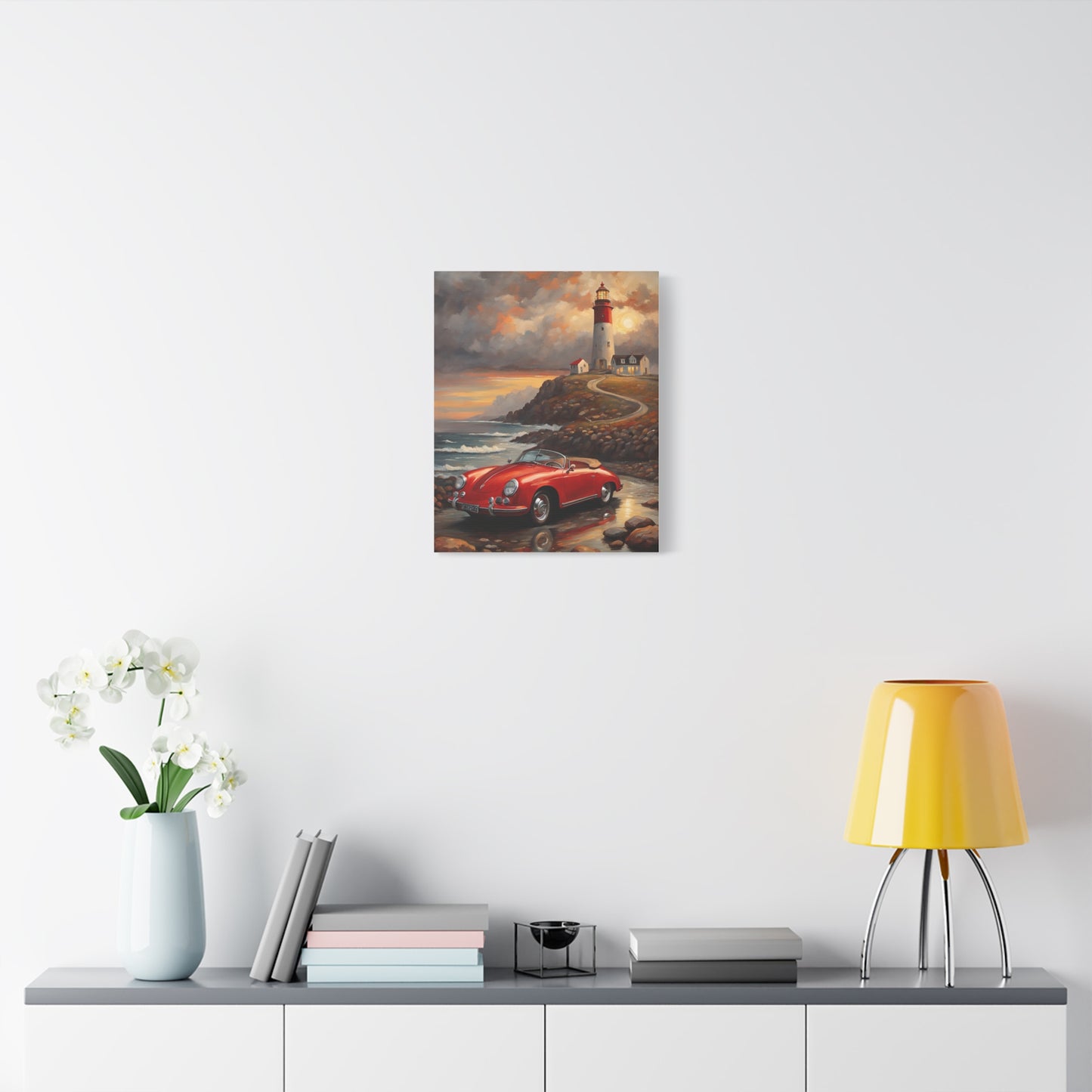 Scenic Canvas Wall Art, Vintage Car, Lighthouse Decor, Nautical Home Design, Coastal Art, Gift for Car Lovers