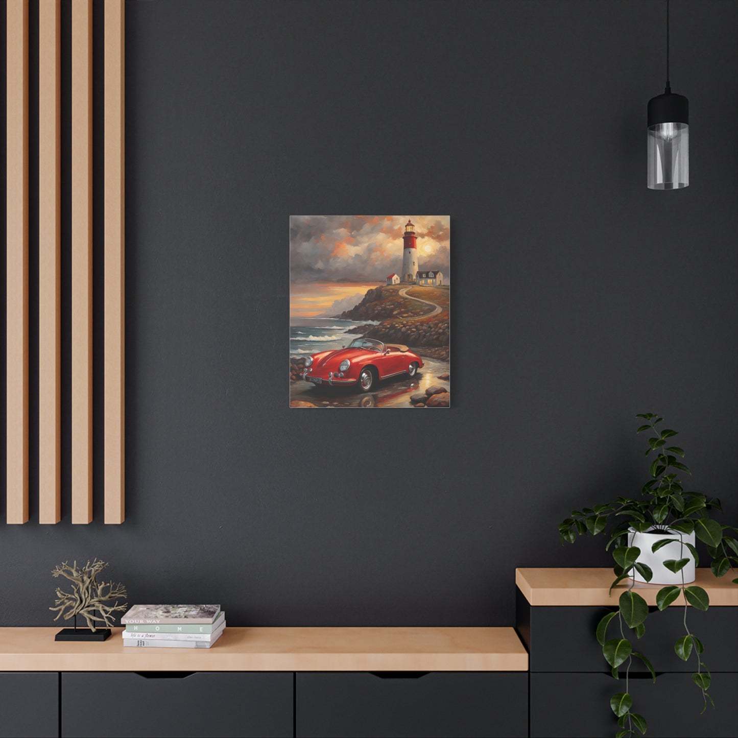 Scenic Canvas Wall Art, Vintage Car, Lighthouse Decor, Nautical Home Design, Coastal Art, Gift for Car Lovers