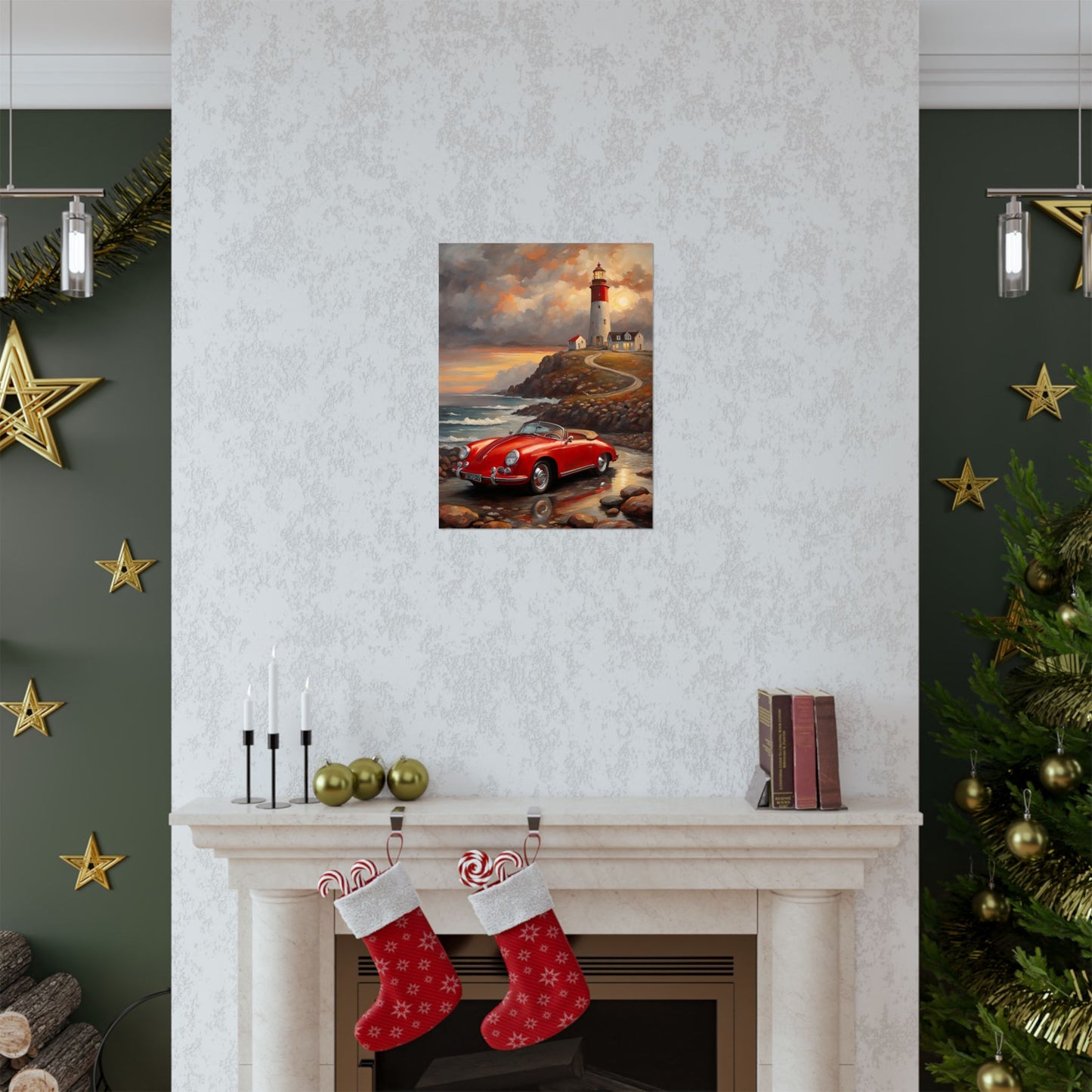Vintage Car Lighthouse Poster, Coastal Wall Art, Home Decor, Unique Gift for Car Lovers, Nautical Wall Art, Retro Aesthetic