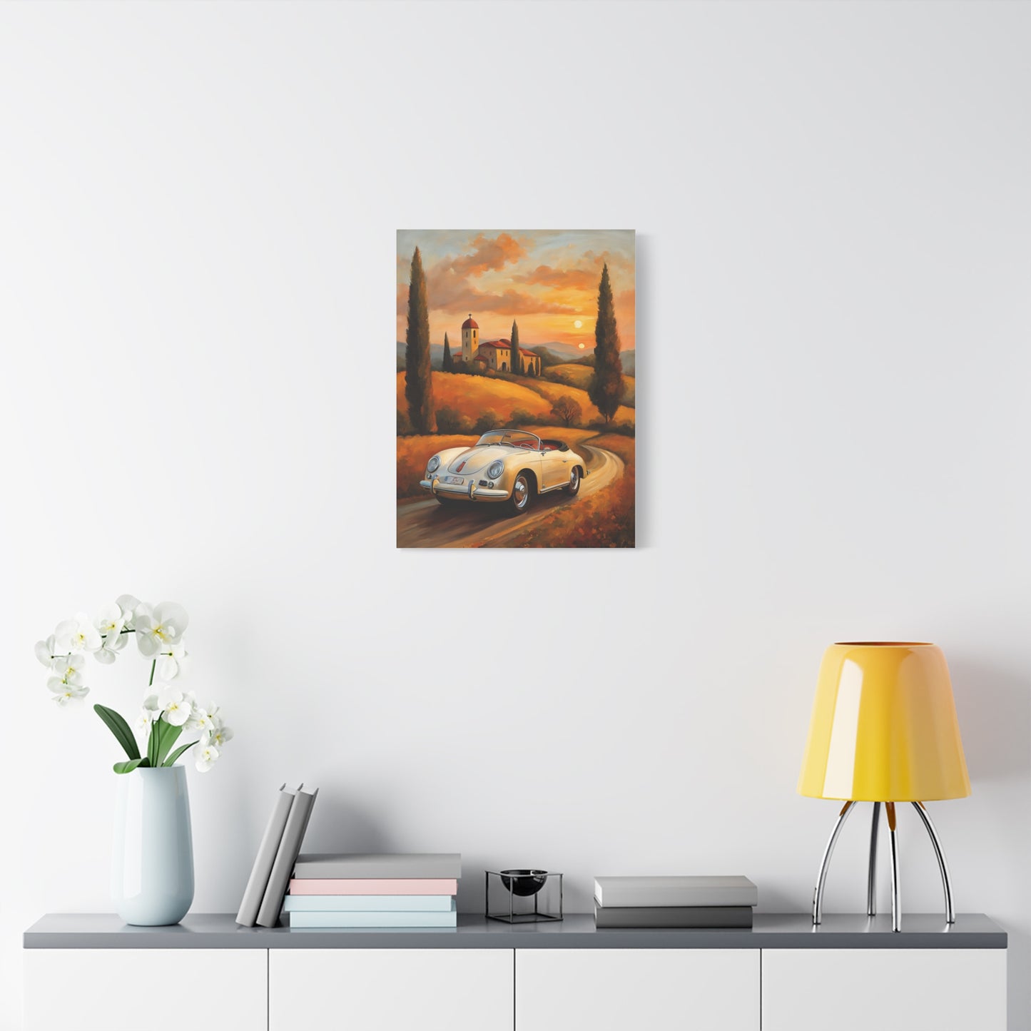 Stretched Canvas Print, Vintage Car Art, Home Decor, Wall Decor, Gift for Car Lovers, Sunset Scene, Art for Living Room