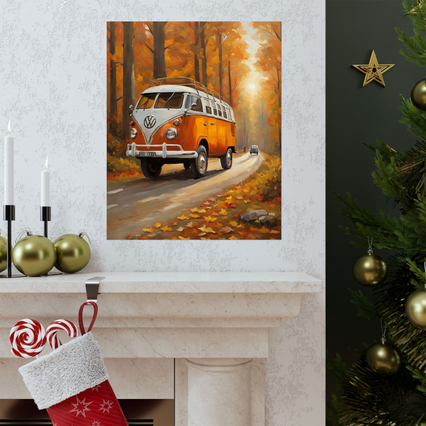 Fall Adventure Matte Vertical Posters, Vintage VW Bus Art, Autumn Decor, Scenic Wall Art, Road Trip Print, Cozy Home Aesthetic - AquilVision
