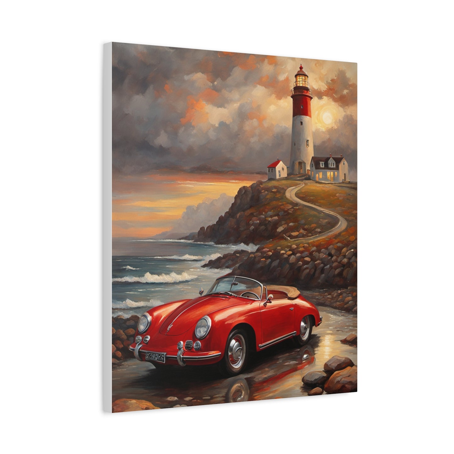 Scenic Canvas Wall Art, Vintage Car, Lighthouse Decor, Nautical Home Design, Coastal Art, Gift for Car Lovers