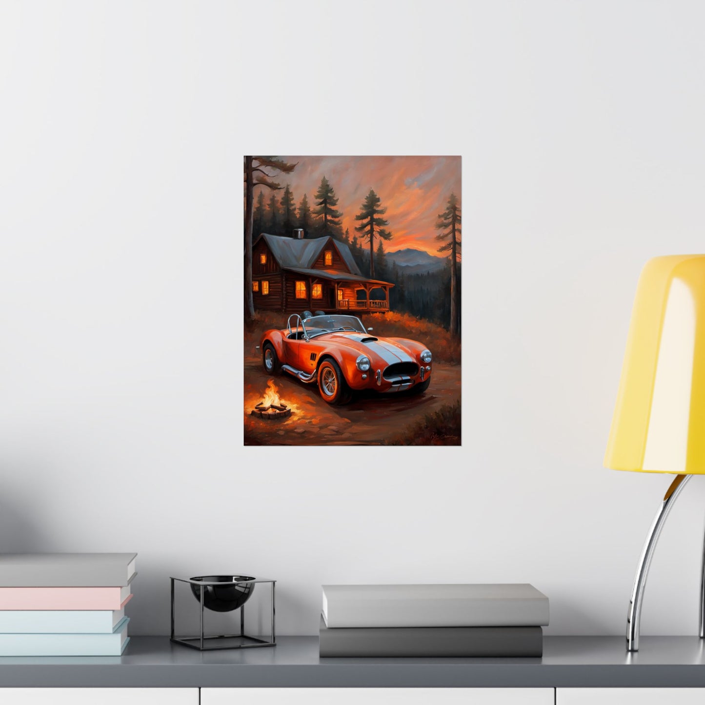 Cozy Mountain Car Poster, Auto Lovers Wall Art, Cabin Decor, Vintage Car Print, Rustic Home Decoration Printify
