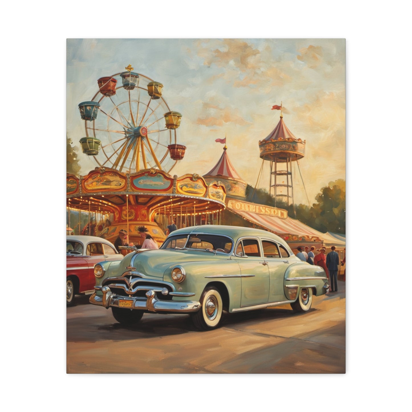 Vintage Carnival Art Canvas Print | Nostalgic Car Decor, 1950s Wall Art, Retro Home Decor, Fairground Artwork, Gift for Car Lovers