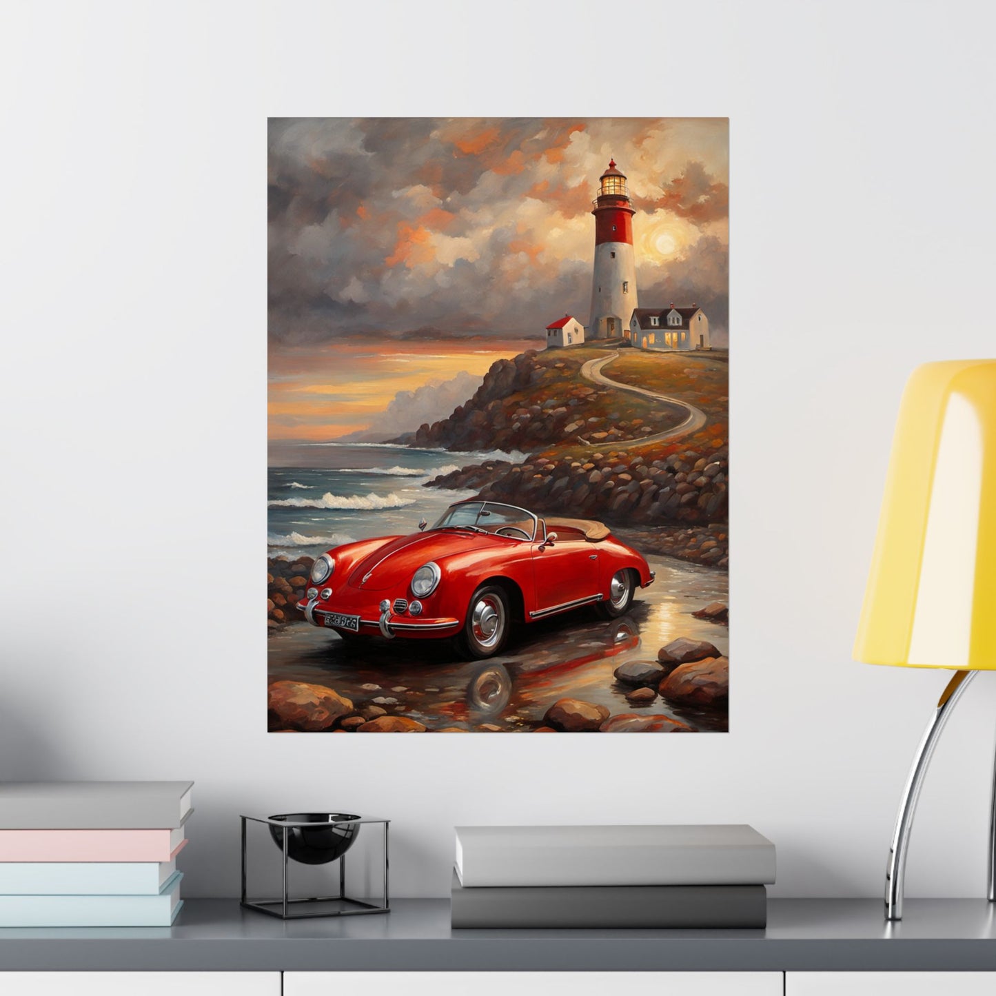 Vintage Car Lighthouse Poster, Coastal Wall Art, Home Decor, Unique Gift for Car Lovers, Nautical Wall Art, Retro Aesthetic