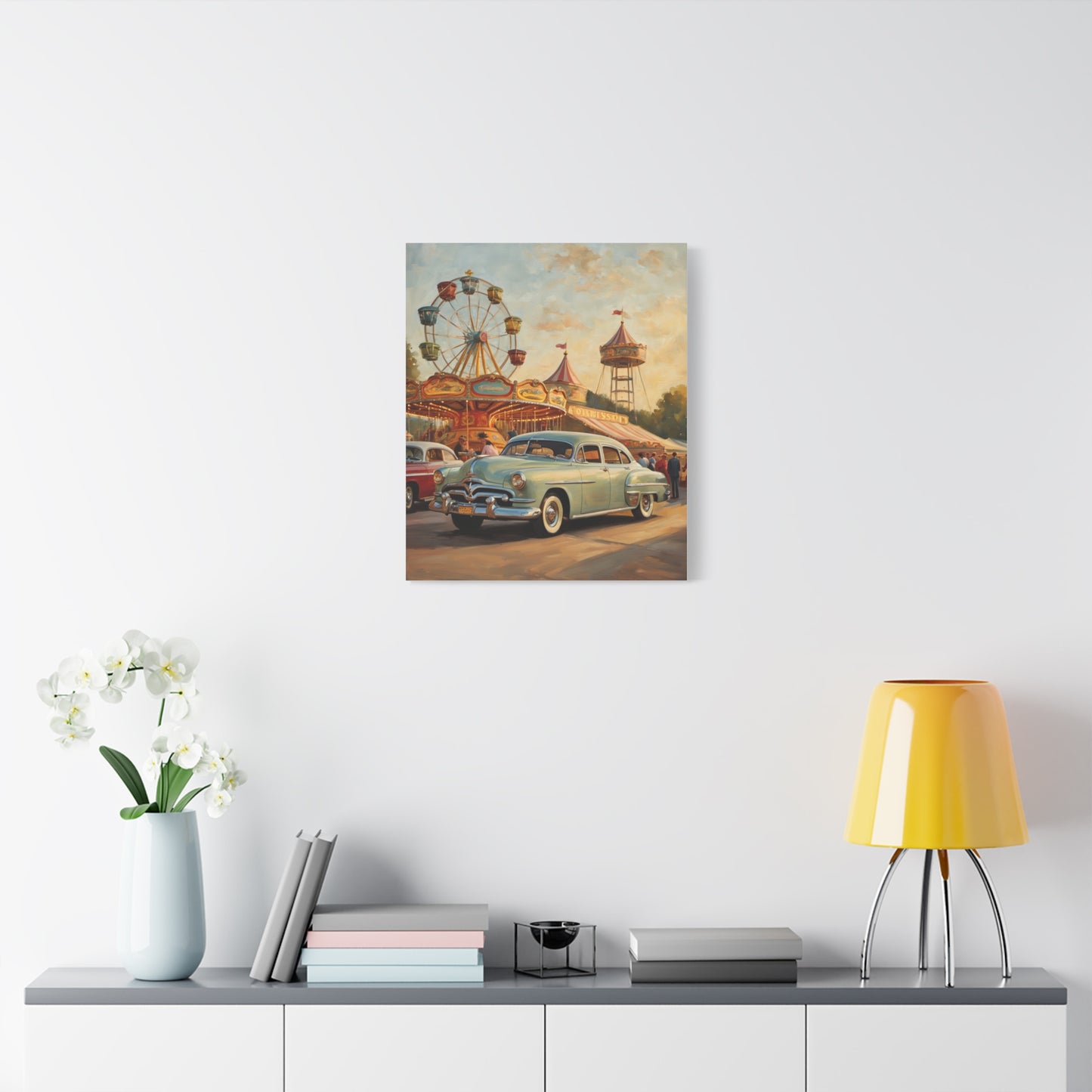 Vintage Carnival Art Canvas Print | Nostalgic Car Decor, 1950s Wall Art, Retro Home Decor, Fairground Artwork, Gift for Car Lovers