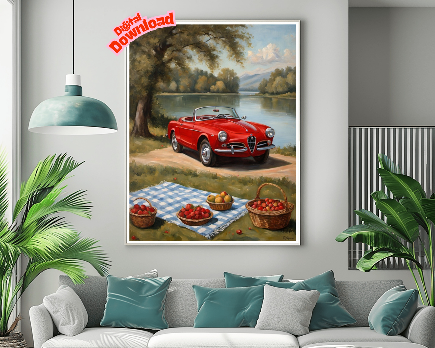AquilVision Lakeside Picnic Oil Painting Print Digital Art