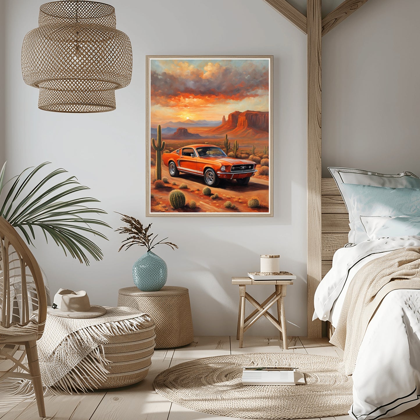 American car wall art print featuring a vintage orange car in a desert landscape with cacti and mountains
