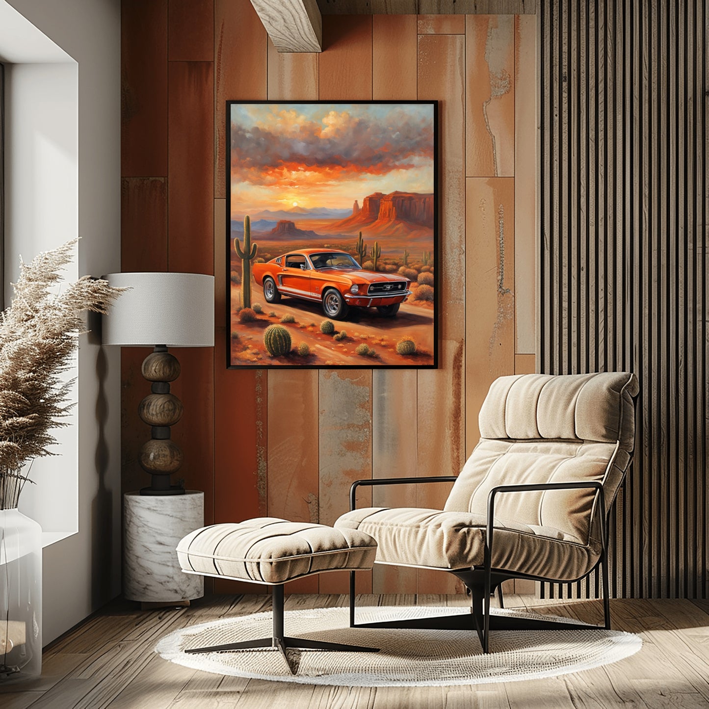 American car wall art print featuring a classic orange muscle car in a desert landscape with cacti and sunset
